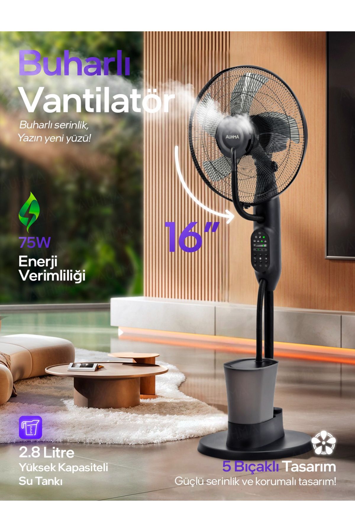 Enshall Auhma ACFN01 16 İnç 5 Bıçaklı 2.8 Litre Kapasiteli Buharlı Güçlü Vantilatör