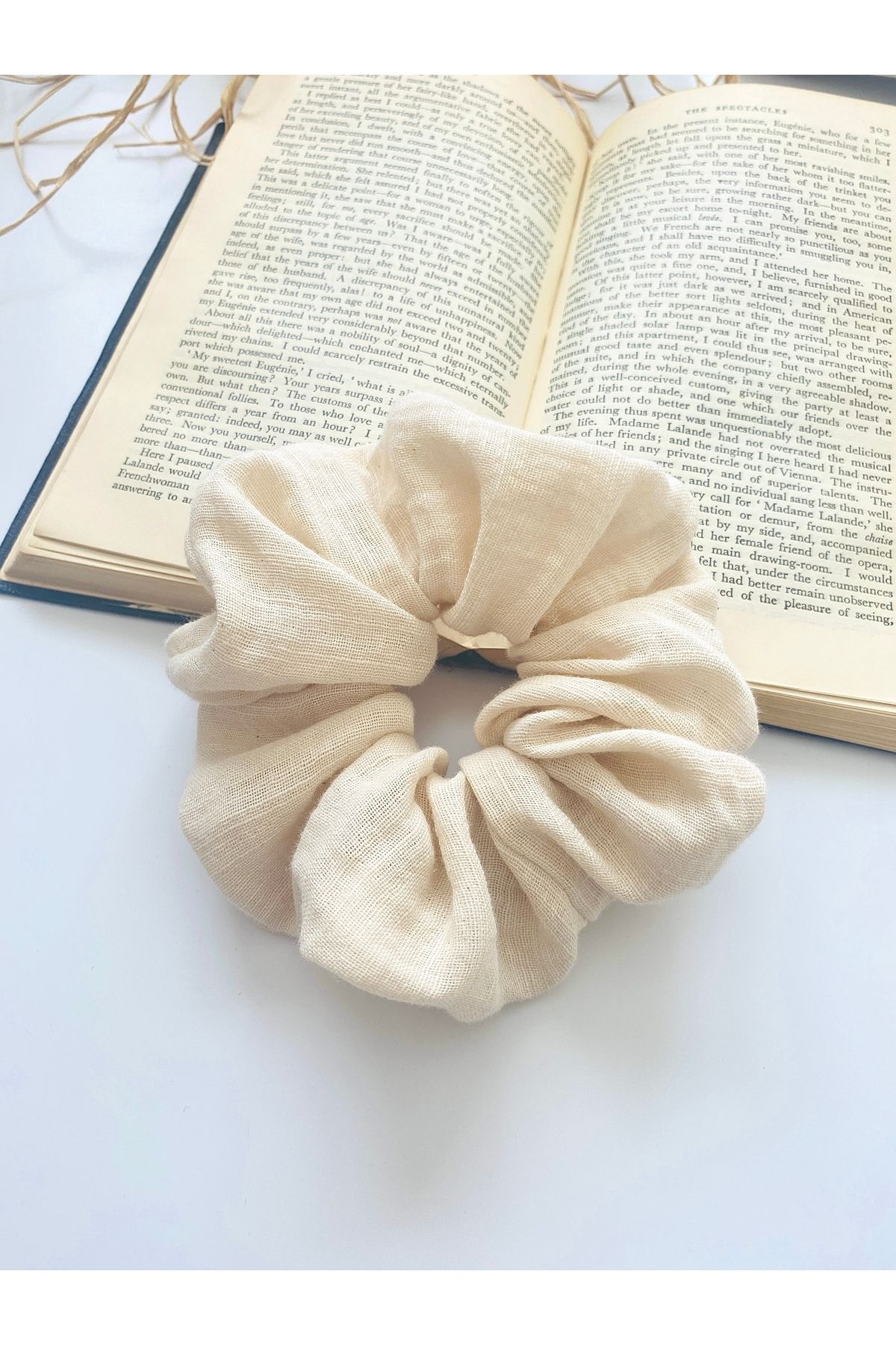 seyranat Krem Rengi Çift Kat %100 Pamuk Müslin Kumaş Kadın Genç Kız Orta Boy Simit Saç Tokası Scrunchie Toka