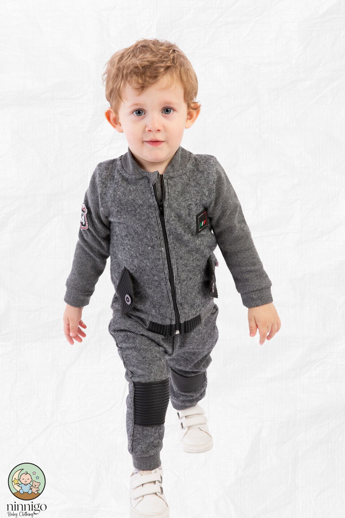 ninnigo Erkek Bebek Pamuklu 3'lü Spor Takım - Fermuarlı Ceket, Baskılı Tişört, Jogger Pantolon