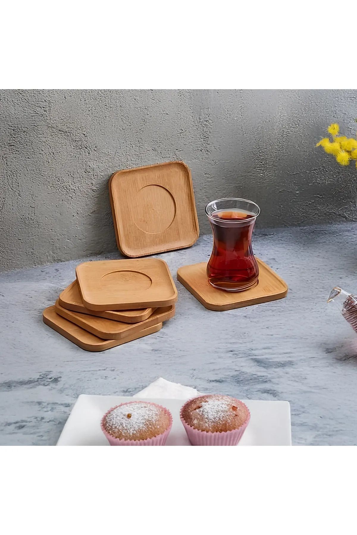 LOVENT HOME 6'lı Kare Bambu Çay Tabağı, Çay Tabağı, Bardak Altlığı