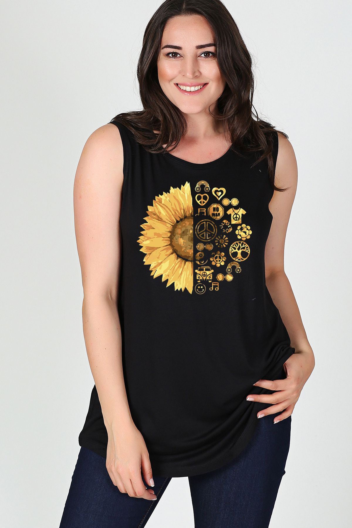 Curvy Trend Büyük Beden Sun Flower Baskılı Kolsuz Viskon Basic Bluz