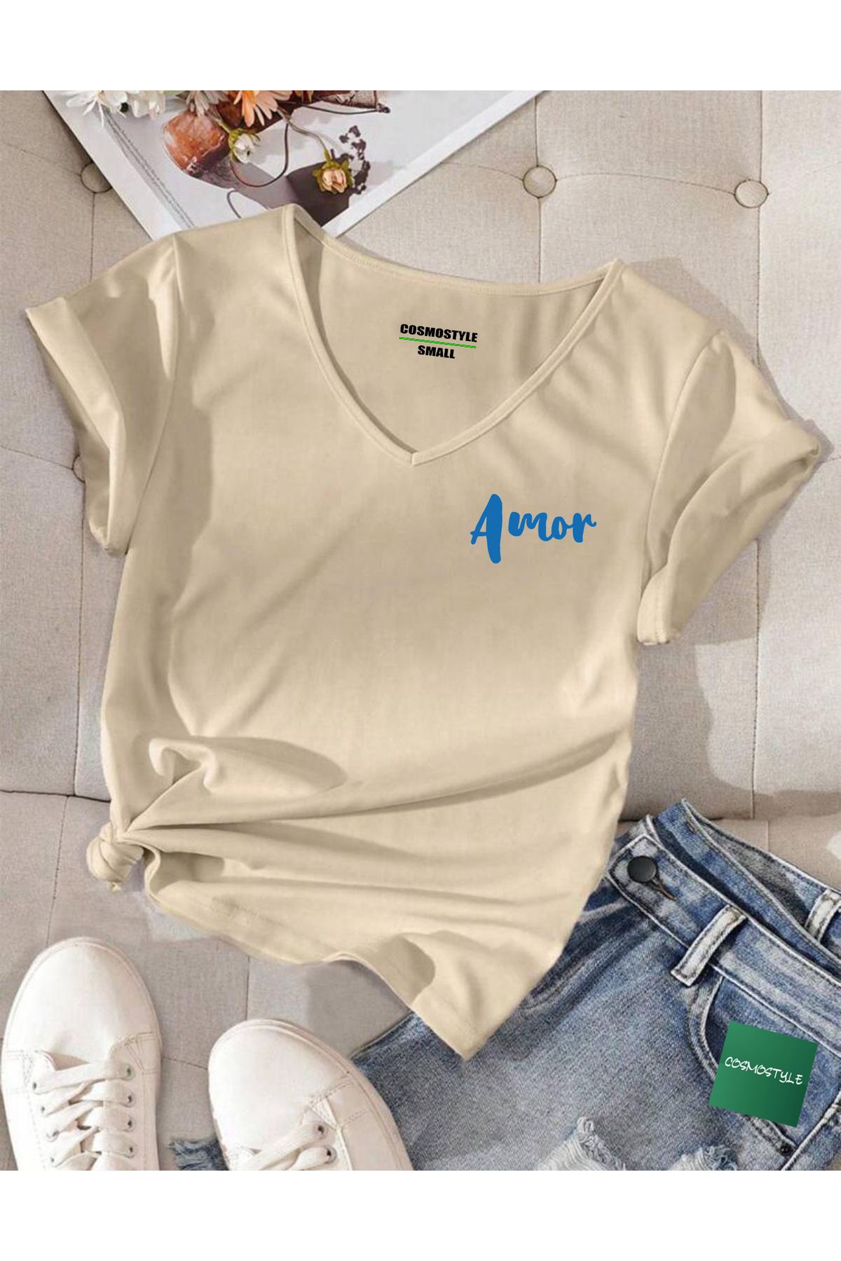 Cosmo Style amor basklı v yaka t-shirt normal kalıp/casual pamuklu t-shirt
