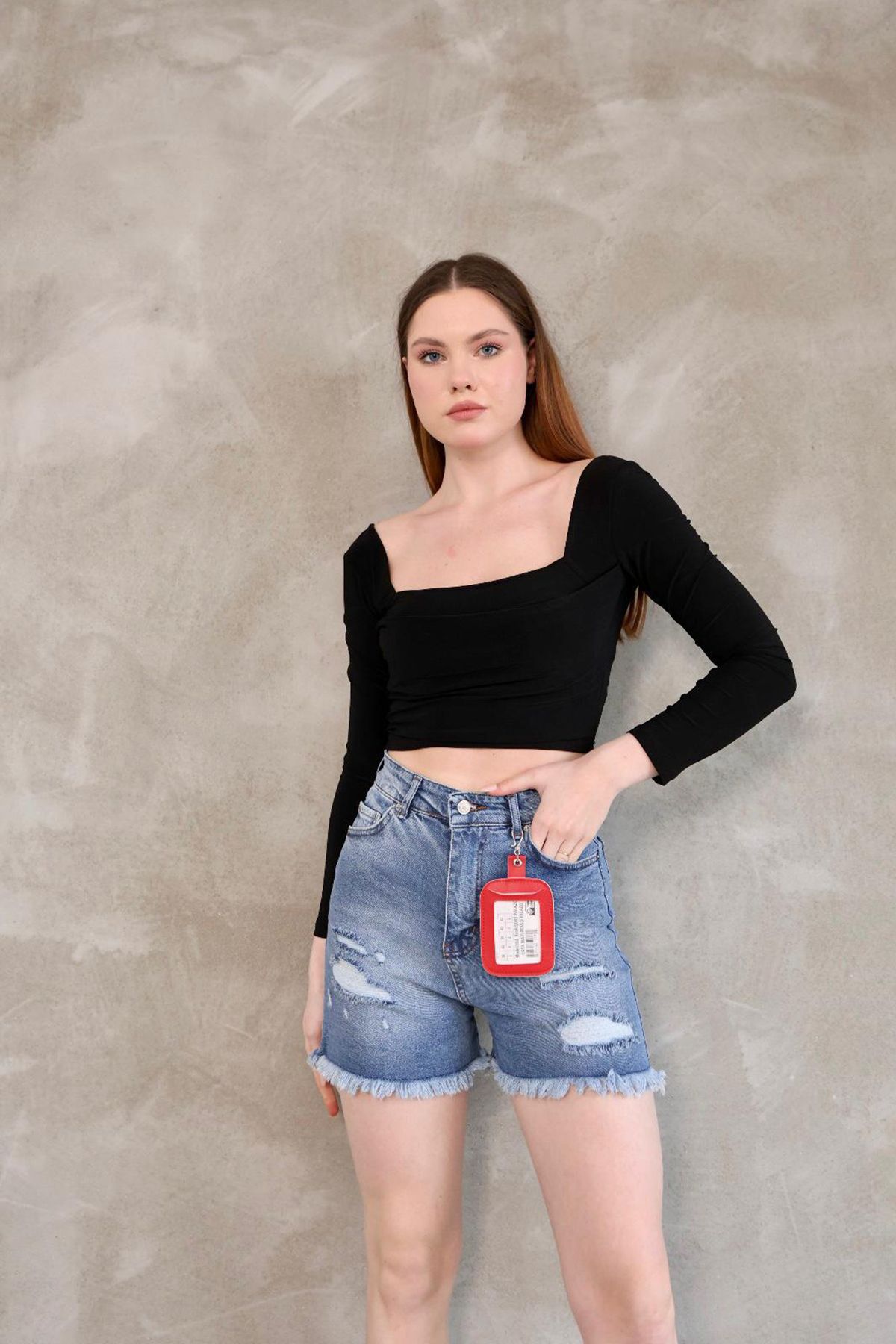 Neşeli Butik kadın mavi yüksek bel kot şort NBLYN03