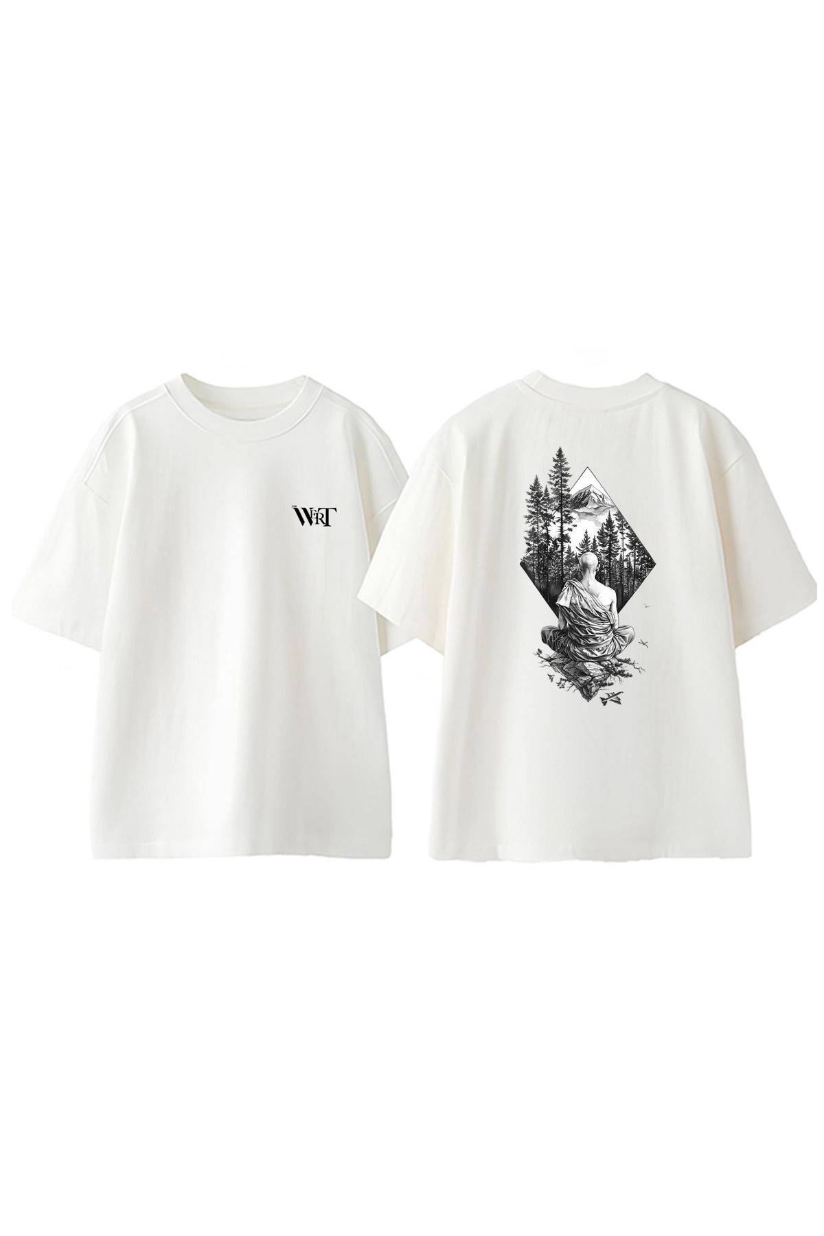 THEWERT Meditasyon Tasarım Sırt Baskılı Pamuk Beyaz Oversize T-shirt