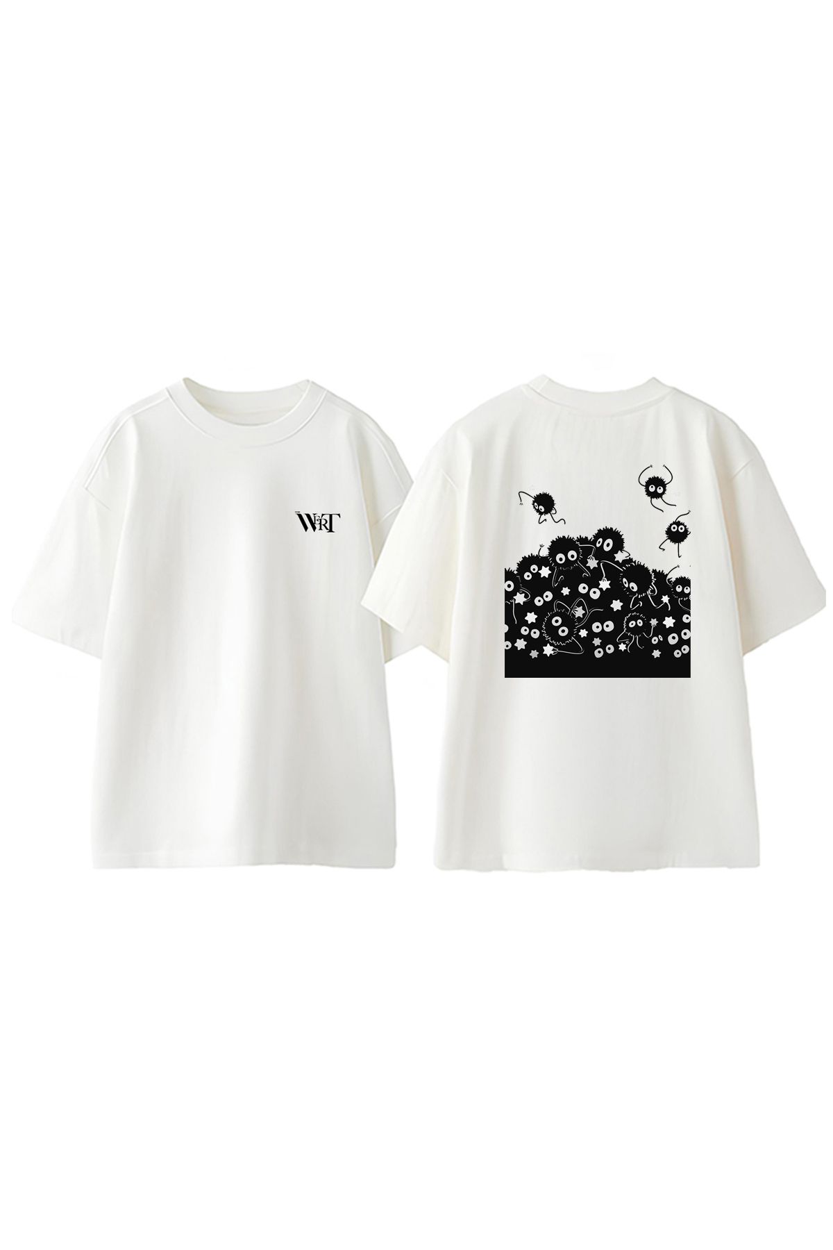THEWERT Spırıted Küçük Canavarlar Tasarım Sırt Baskılı Pamuk Beyaz Oversize T-shirt