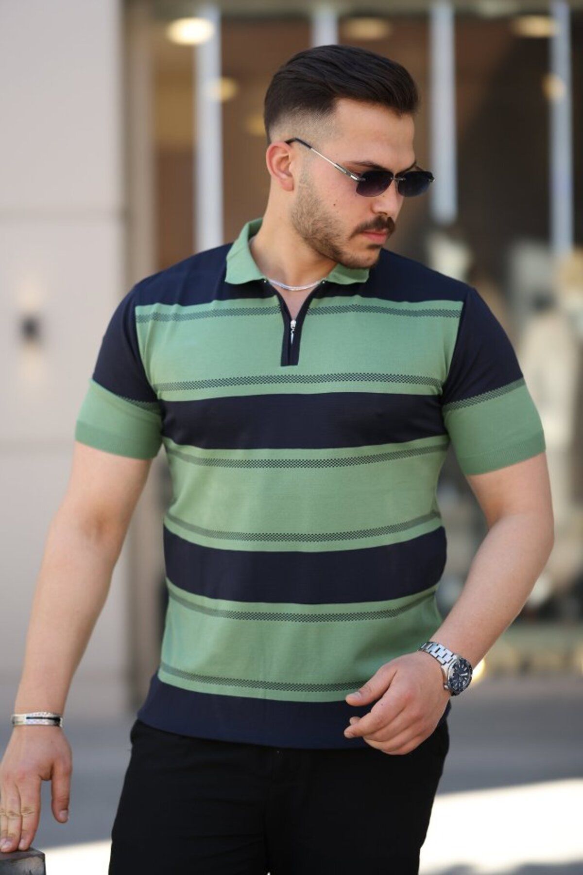 novafems Erkek Yakalı Fermuarlı çift Renk Kısa Kollu T-shirt