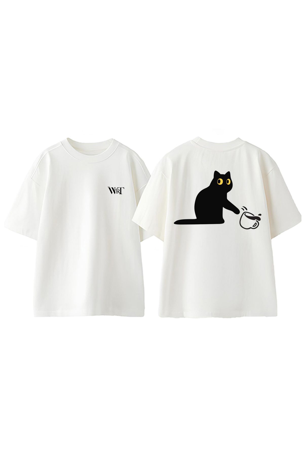 THEWERT Sakar Kedi Tasarım Sırt Baskılı Pamuk Beyaz Oversize T-shirt