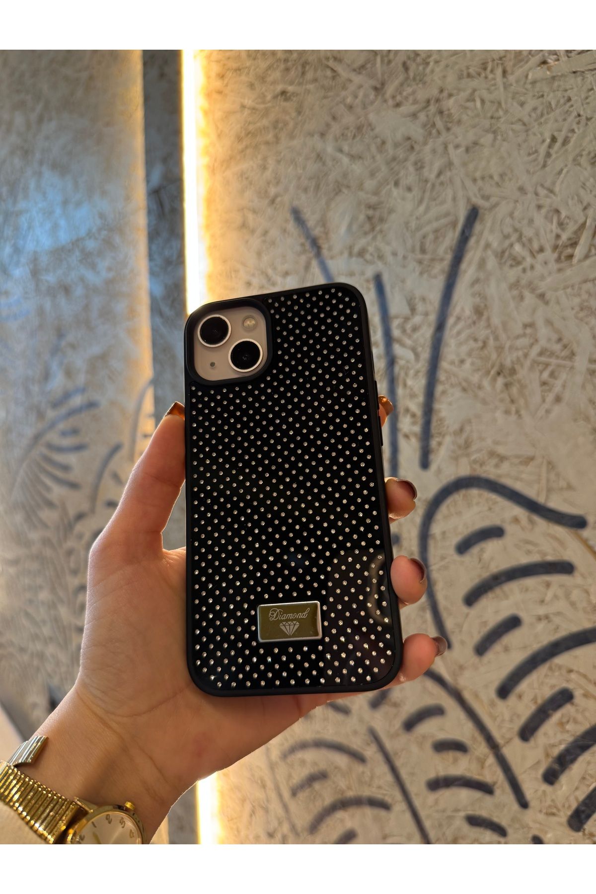 Mois Case İPhone 15 uyumlu elmas pırlanta taşlı siyah kılıf