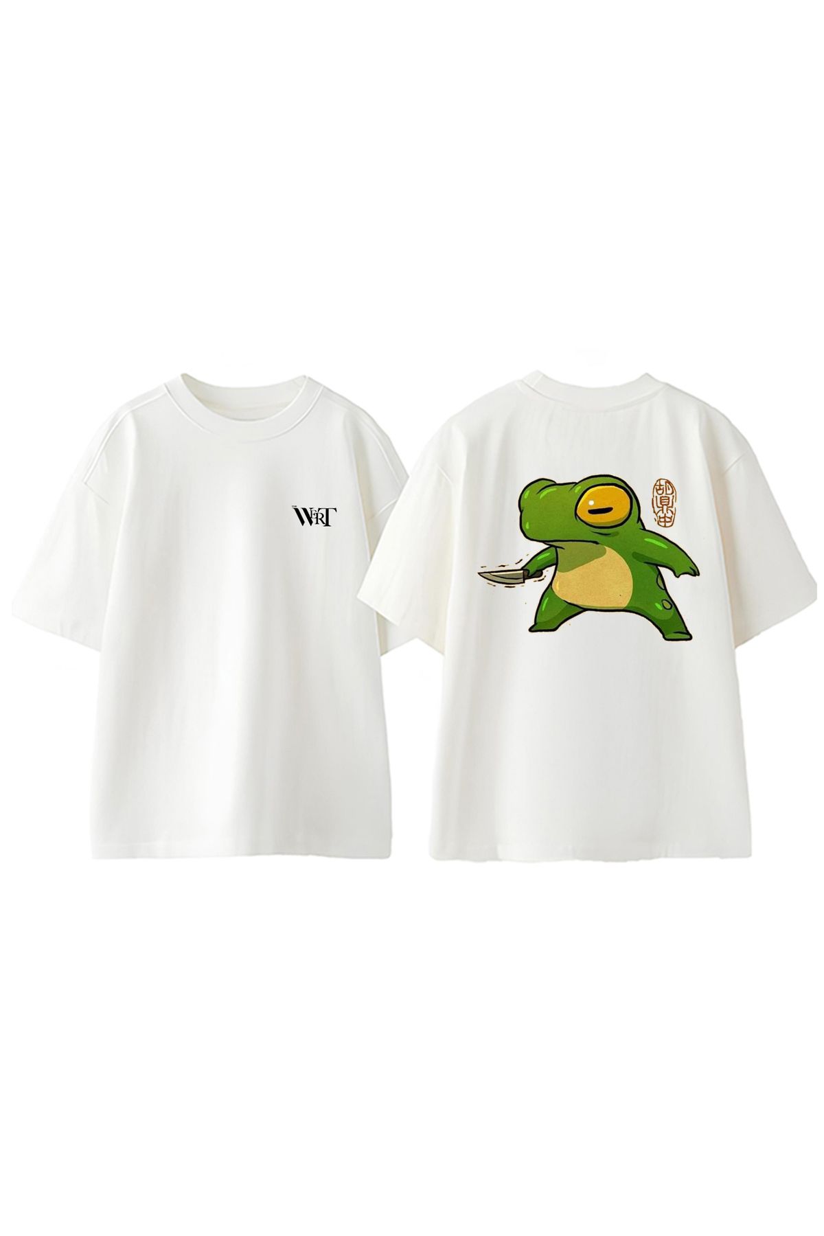 THEWERT Bıçaklı Kurbağa Tasarım Sırt Baskılı Pamuk Beyaz Oversize T-shirt