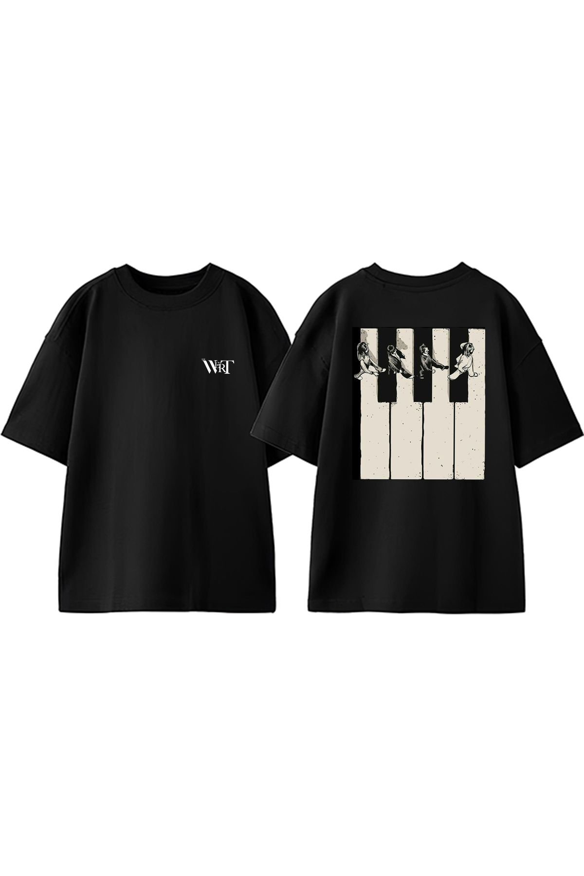 THEWERT The Beatles Piyano Tasarım Sırt Baskılı Pamuk Siyah Oversize T-shirt