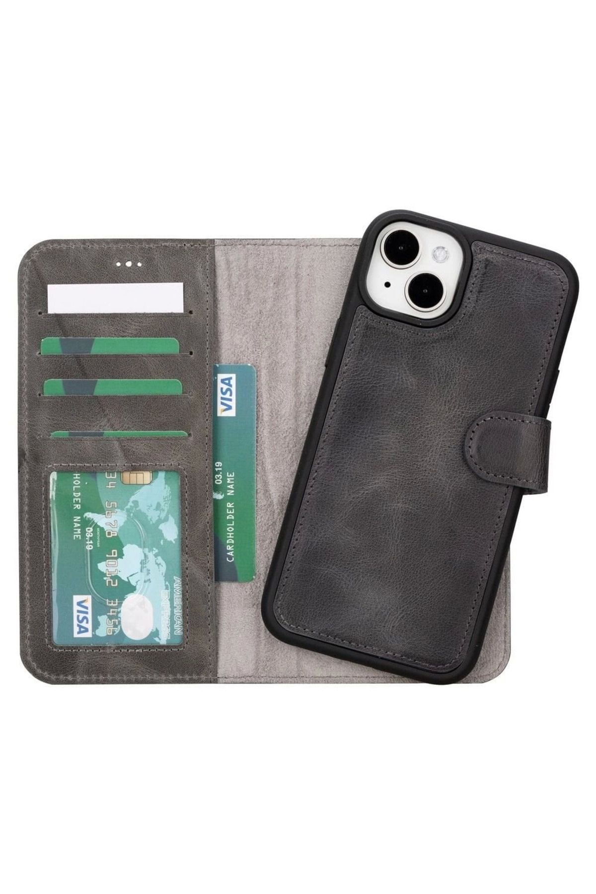 Angoravi Apple iPhone 15 Plus Uyumlu Deri Cüzdanlı Kılıf MWWN VS4EF Gri