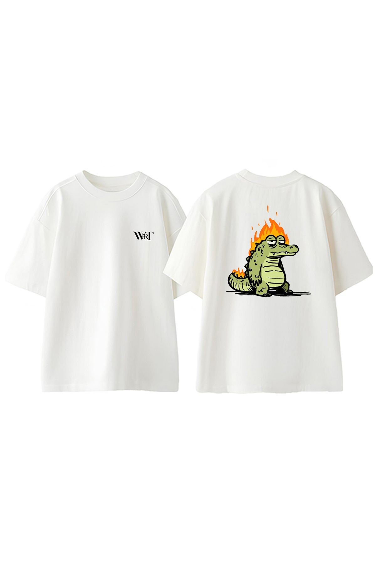 THEWERT Yanan Timsah Tasarım Sırt Baskılı Pamuk Beyaz Oversize T-shirt