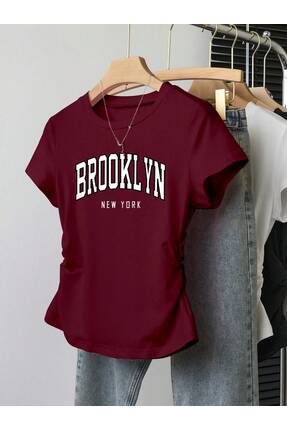EVIus Kadın Brooklyn Baskılı Basic Bisiklet Yaka Dar Kalıp T-Shirt
