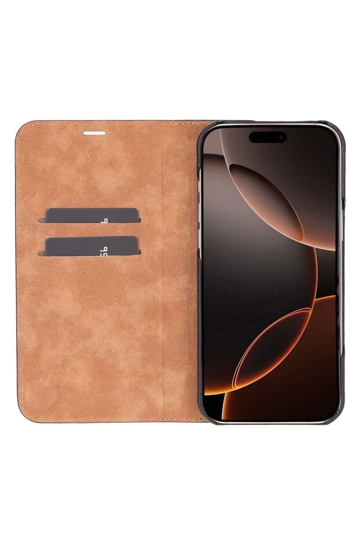 Angoravi Apple iPhone 16 Pro Max uyumlu, Hakiki Deri, El Yapımı, Cüzdanlı Kılıf, Parlak Siyah