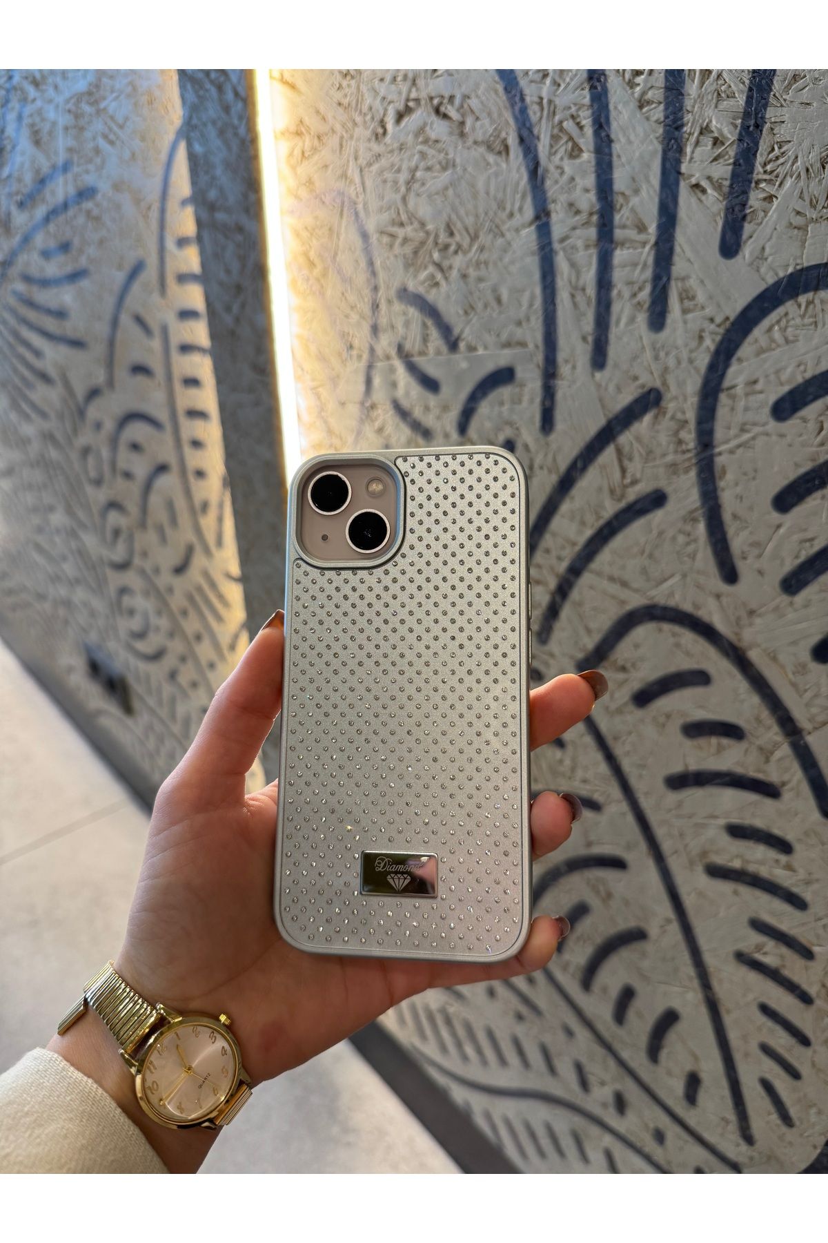 Mois Case İPhone 15 uyumlu elmas pırlanta taşlı gri kılıf