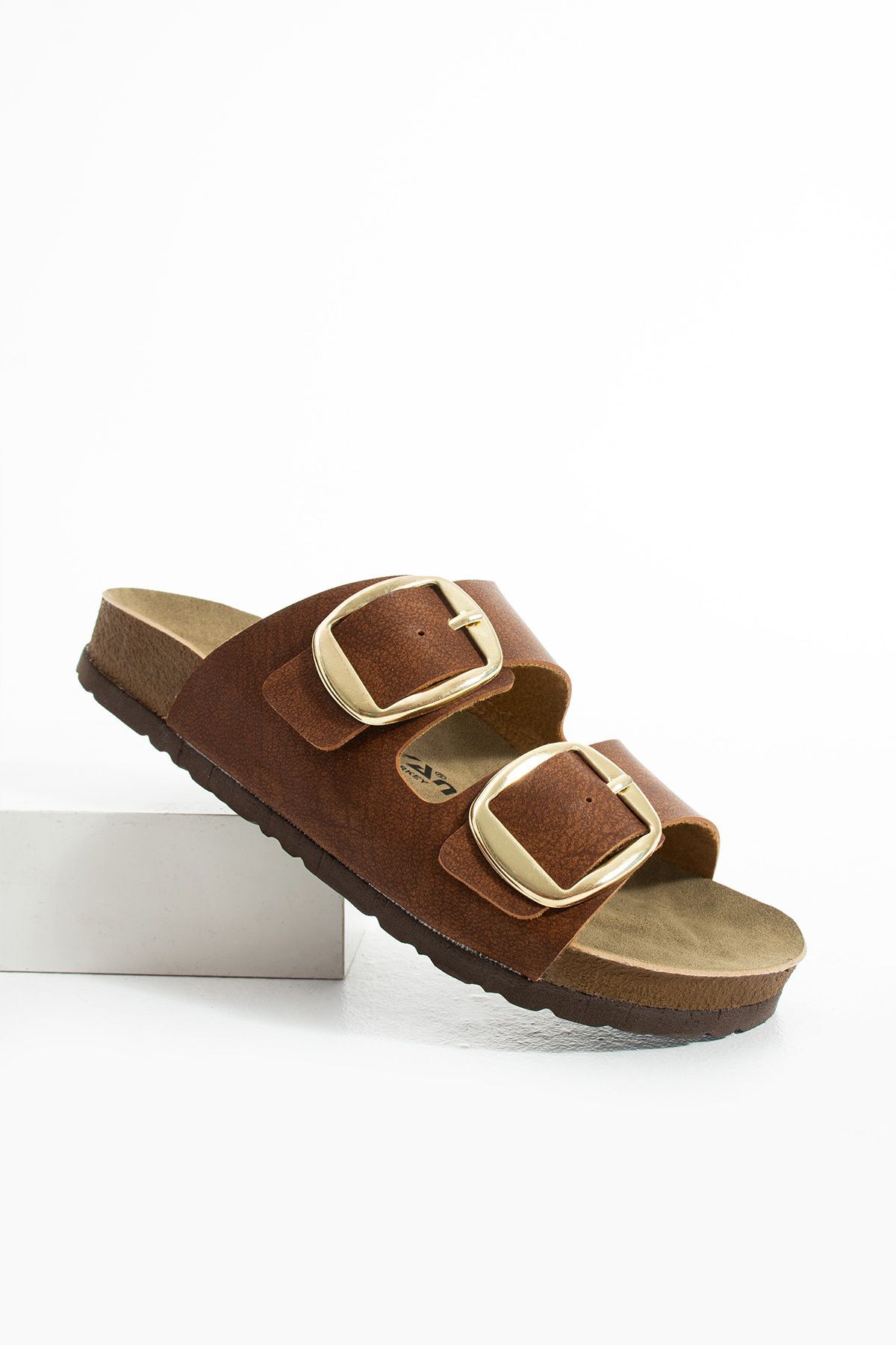 Polomia Comfort Lenora Anatomik Esnek Comfort Rahat Eva Taban Çift Bantlı Gold Toka Kadın Günlük Sandalet Terlik