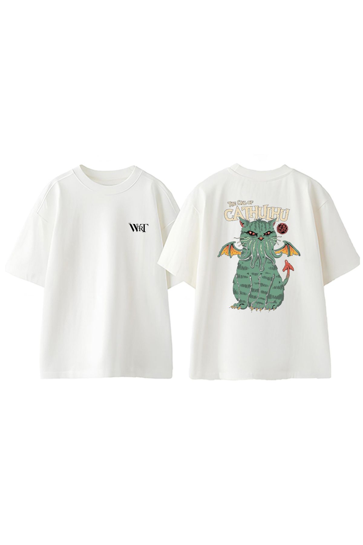 THEWERT The Call Of Cathulhu Tasarım Sırt Baskılı Pamuk Beyaz Oversize T-shirt