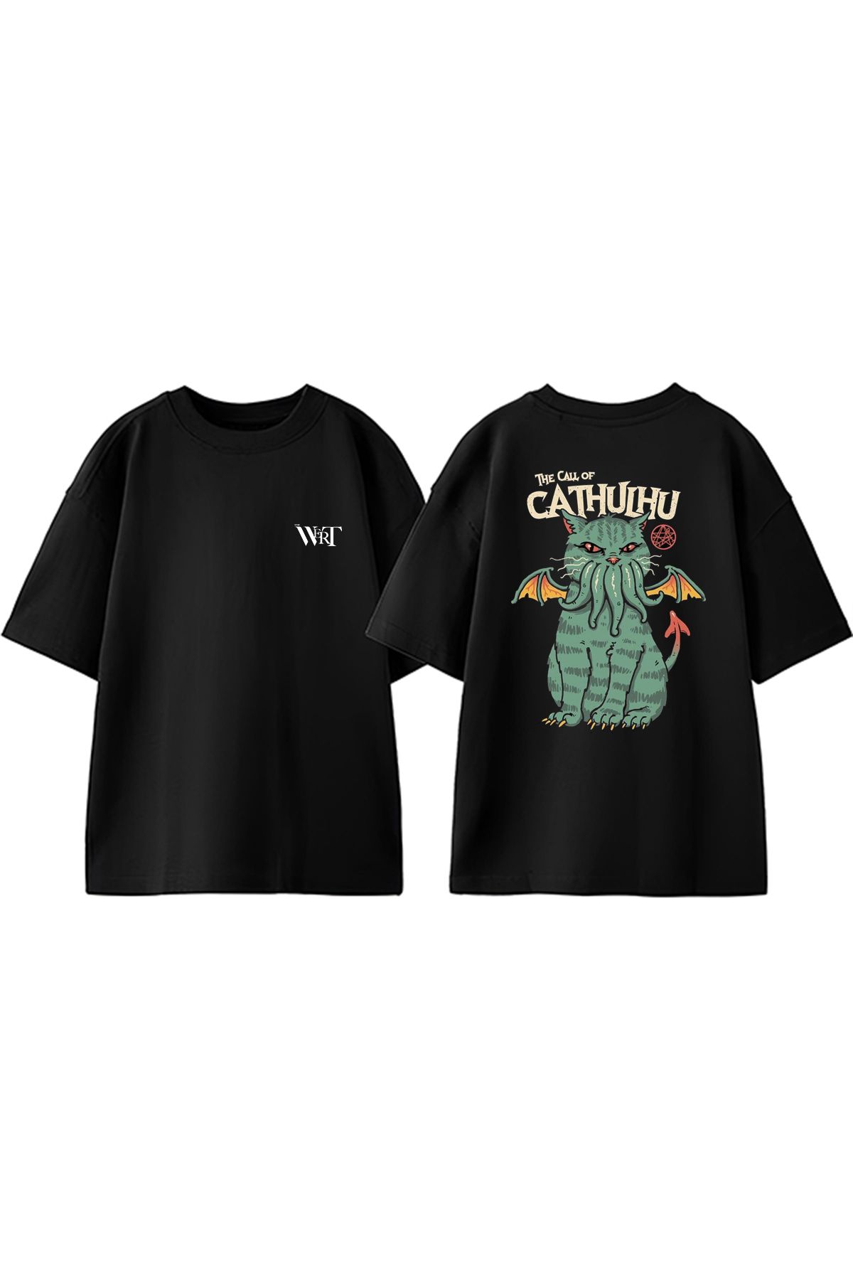 THEWERT The Call Of Cathulhu Tasarım Sırt Baskılı Pamuk Siyah Oversize T-shirt