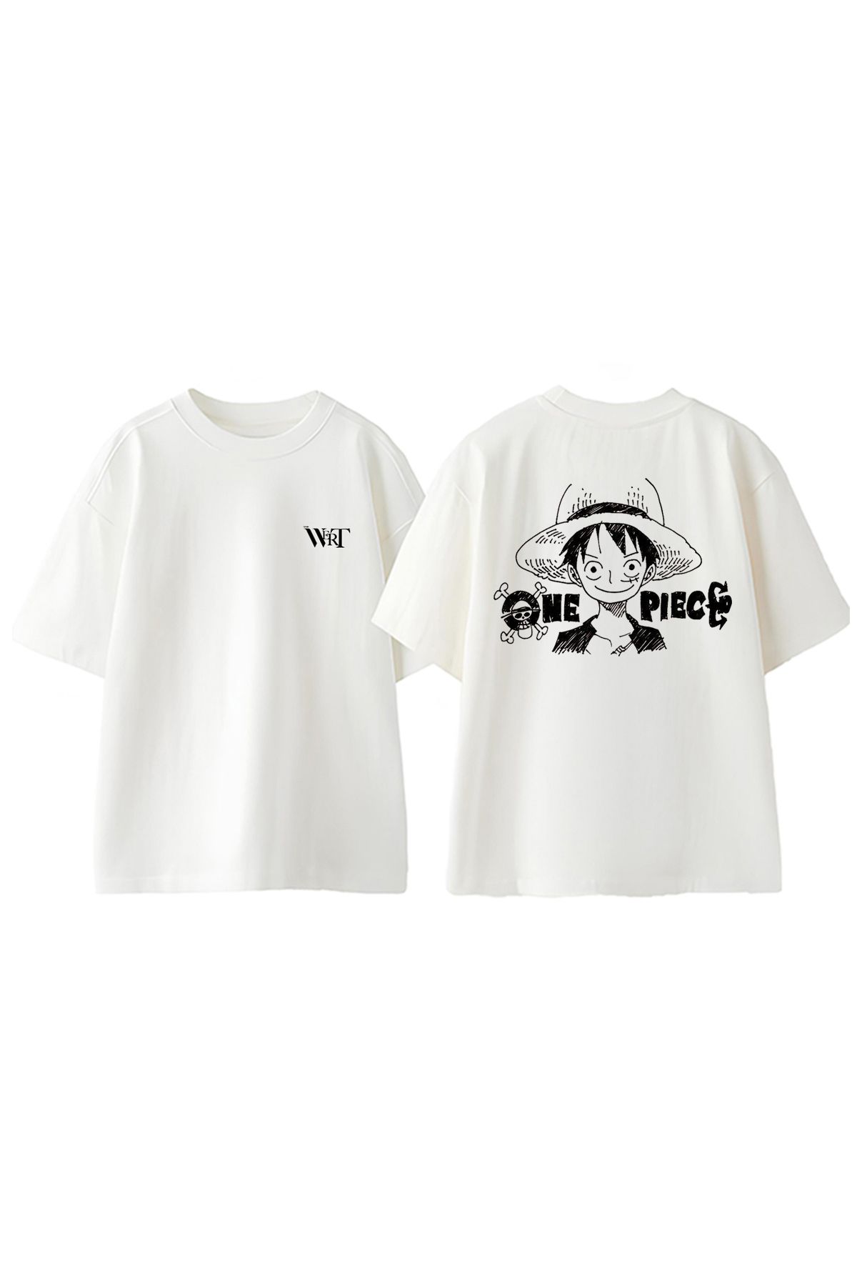 THEWERT One Piece Luffy1 Tasarım Sırt Baskılı Pamuk Beyaz Oversize T-shirt