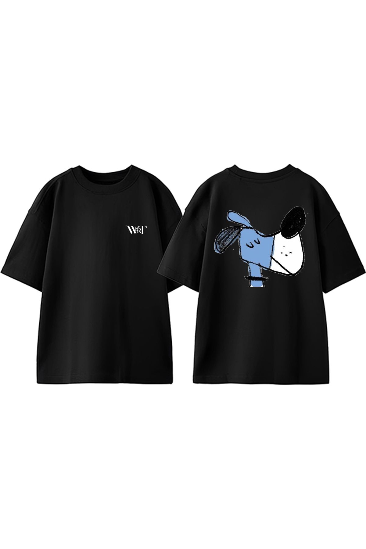 THEWERT Mavi Köpek Tasarım Sırt Baskılı Pamuk Siyah Oversize T-shirt