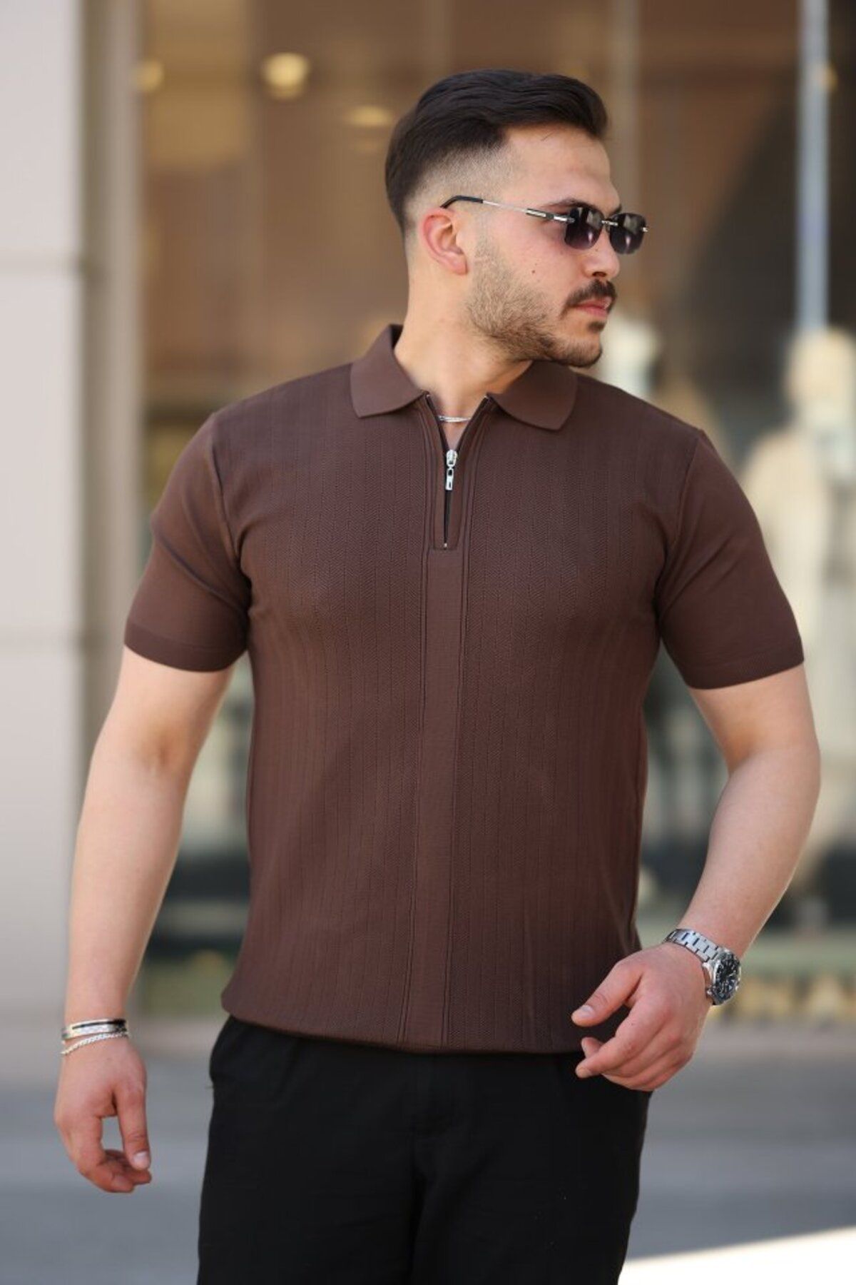 Gökyüzü Moda Erkek Yakası Fermuarlı Kısa Kollu T-shirt