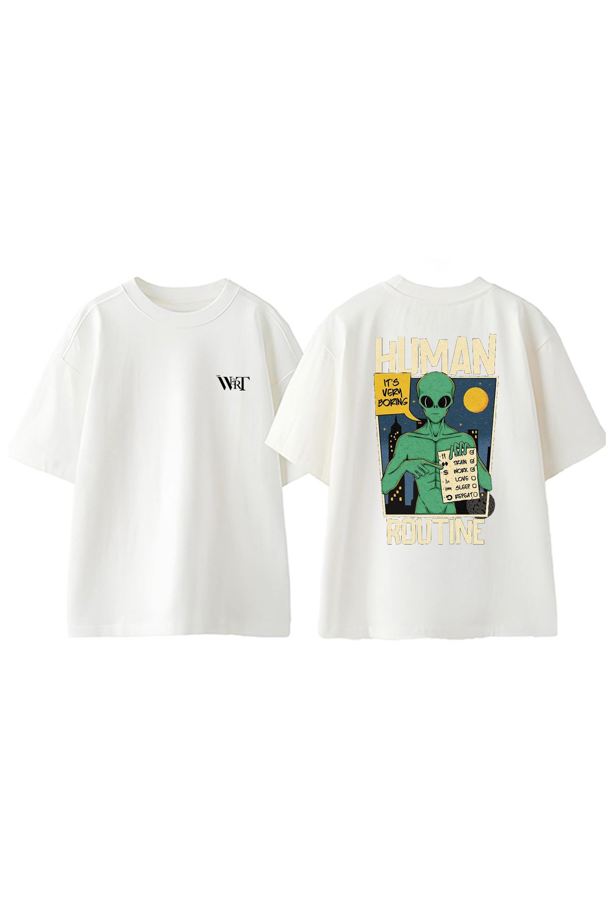 THEWERT Human Routine Tasarım Sırt Baskılı Pamuk Beyaz Oversize T-shirt