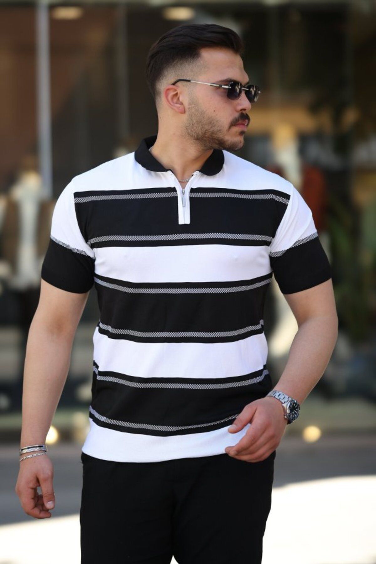 Gökyüzü Moda Erkek Yakalı Fermuarlı çift Renk Kısa Kollu T-shirt