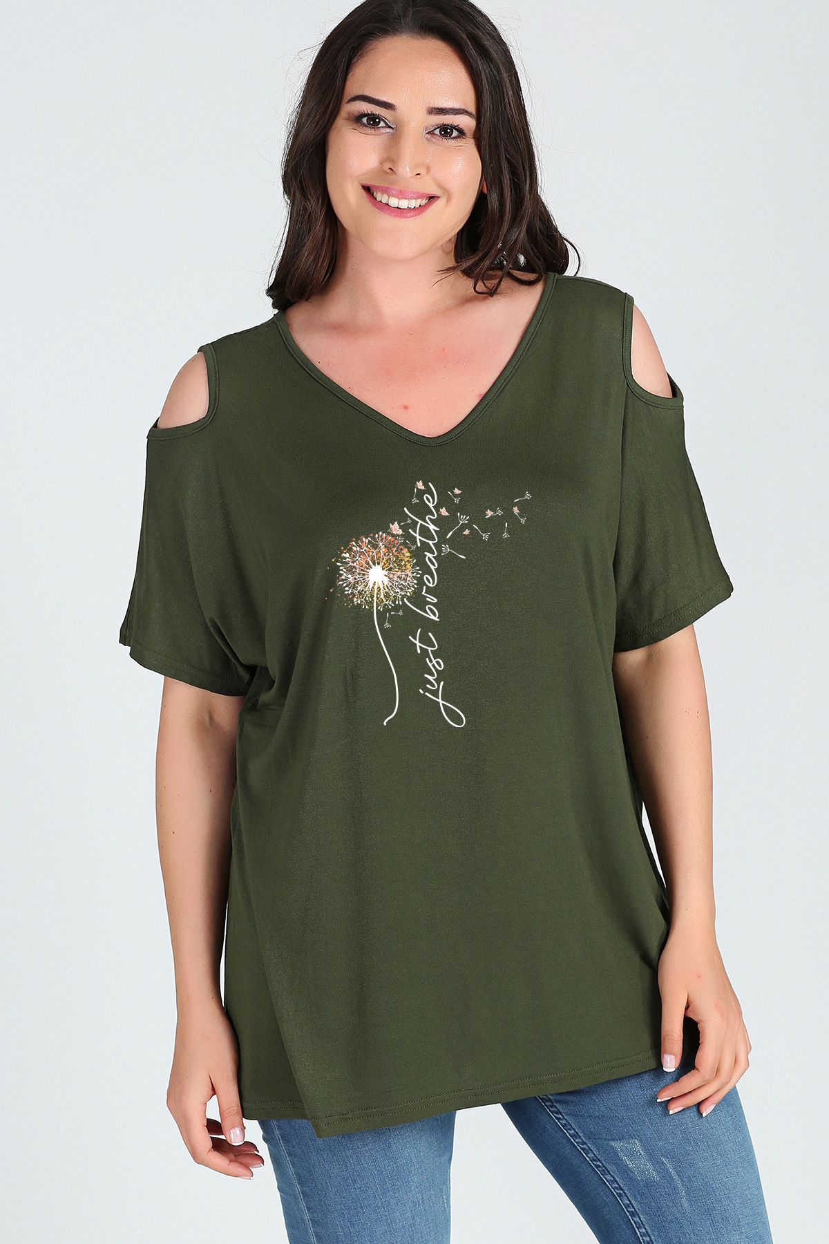 Curvy Trend Büyük Beden Breathe Baskılı Omuzu V Pencere Kısa Kol Bluz