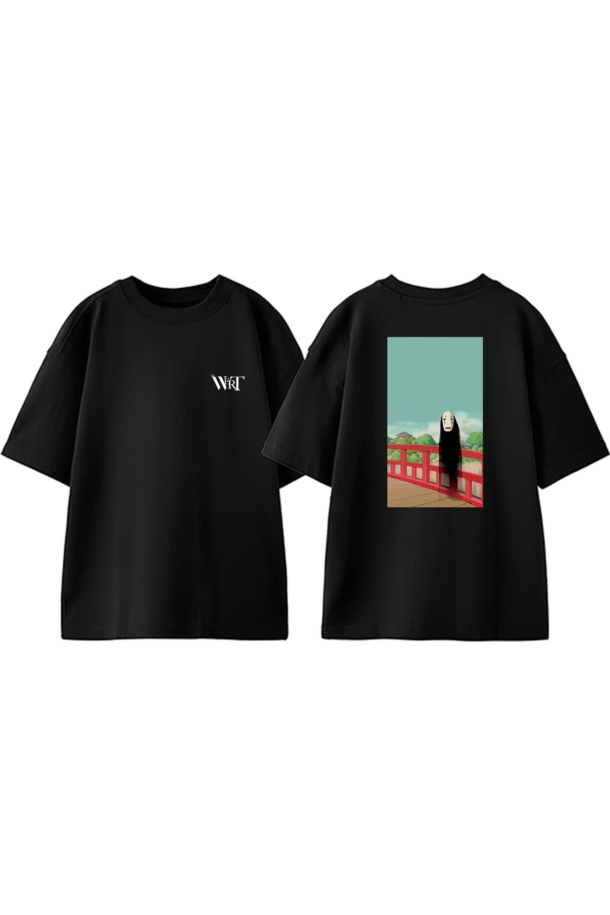 THEWERT Spirited Away No Face Tasarım Sırt Baskılı Pamuk Siyah Oversize T-shirt