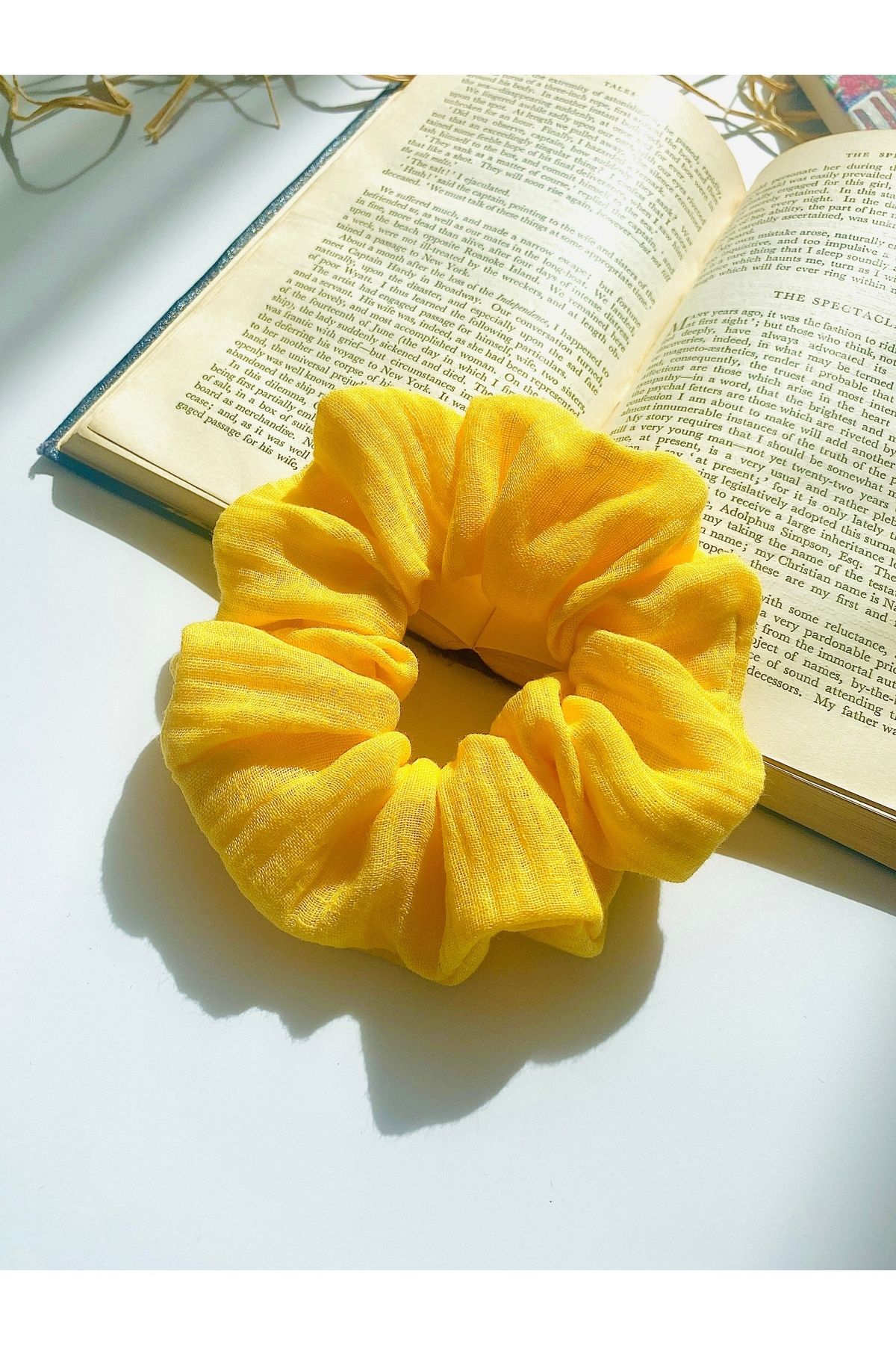 seyranat Sarı Renk Çift Kat %100 Pamuk Müslin Kumaş Kadın Genç Kız Orta Boy Simit Saç Tokası Scrunchie Toka