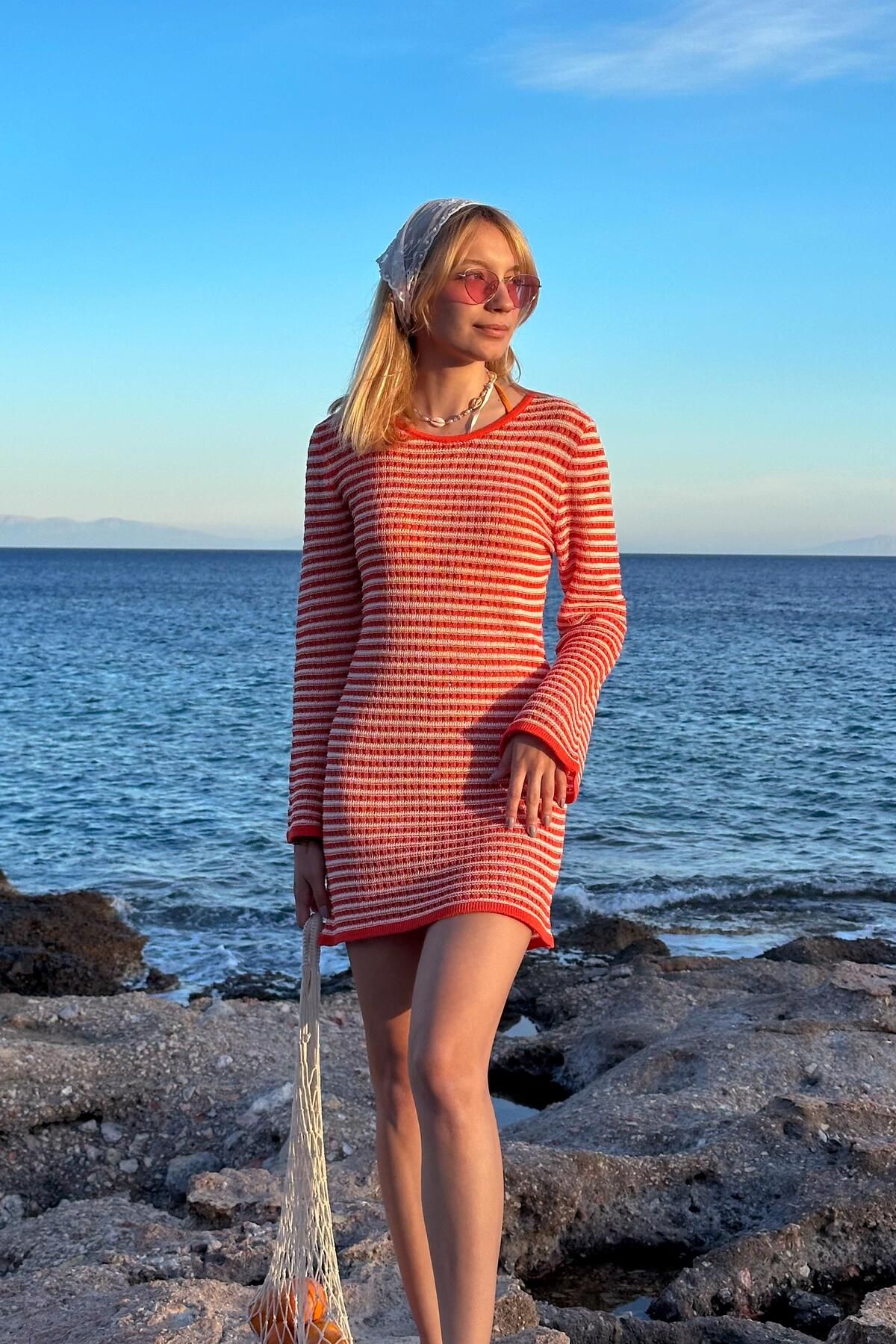 CHUBA Kadın İspanyol Kol Ajurlu Çizgili Mini Triko Plaj Elbisesi Turuncu-Vanilya 25S3024