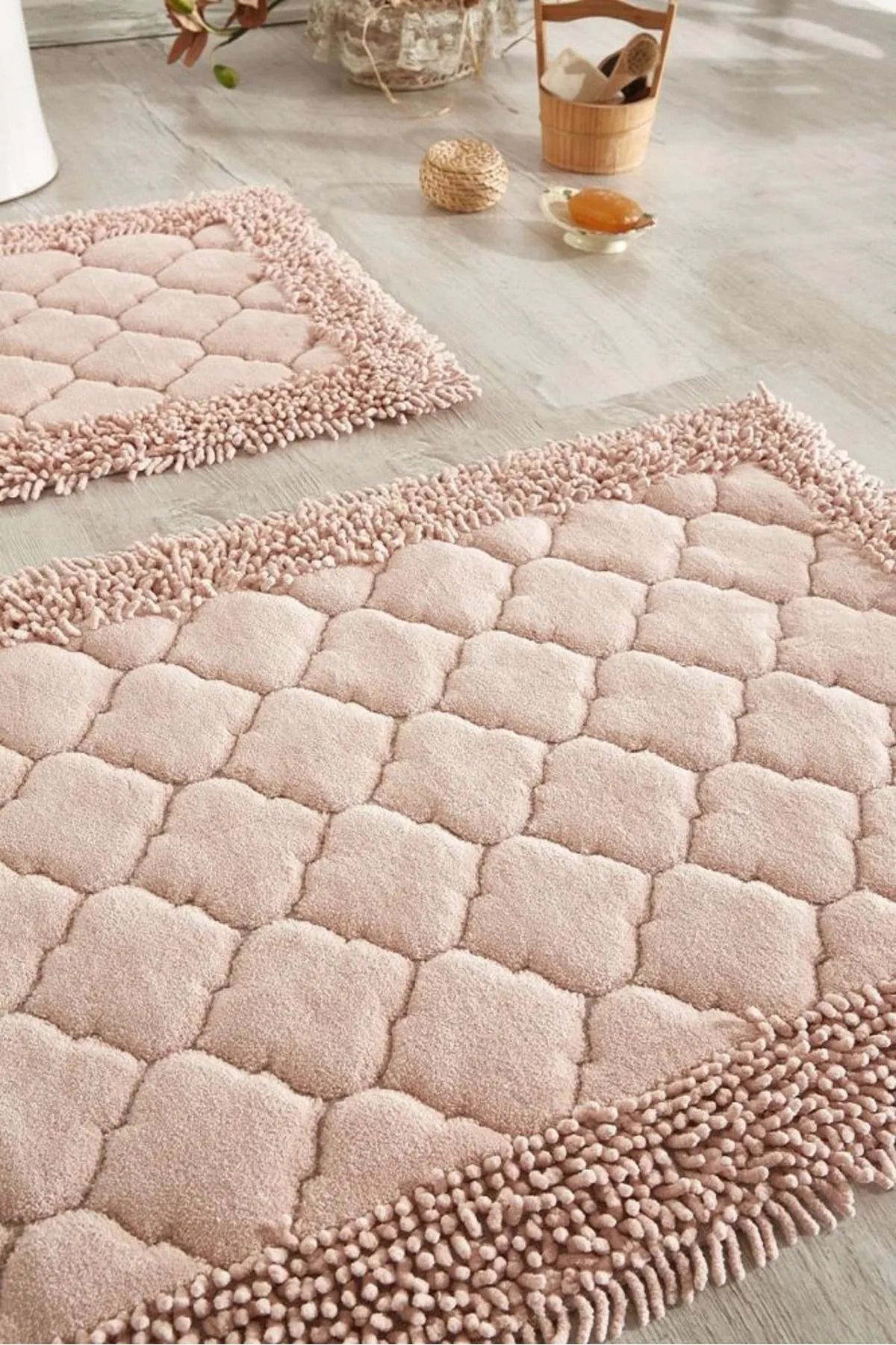 Çelsa Home Pamuklu 2'li Makarna Kenar Banyo Paspas Takımı Maça Desen Pudra
