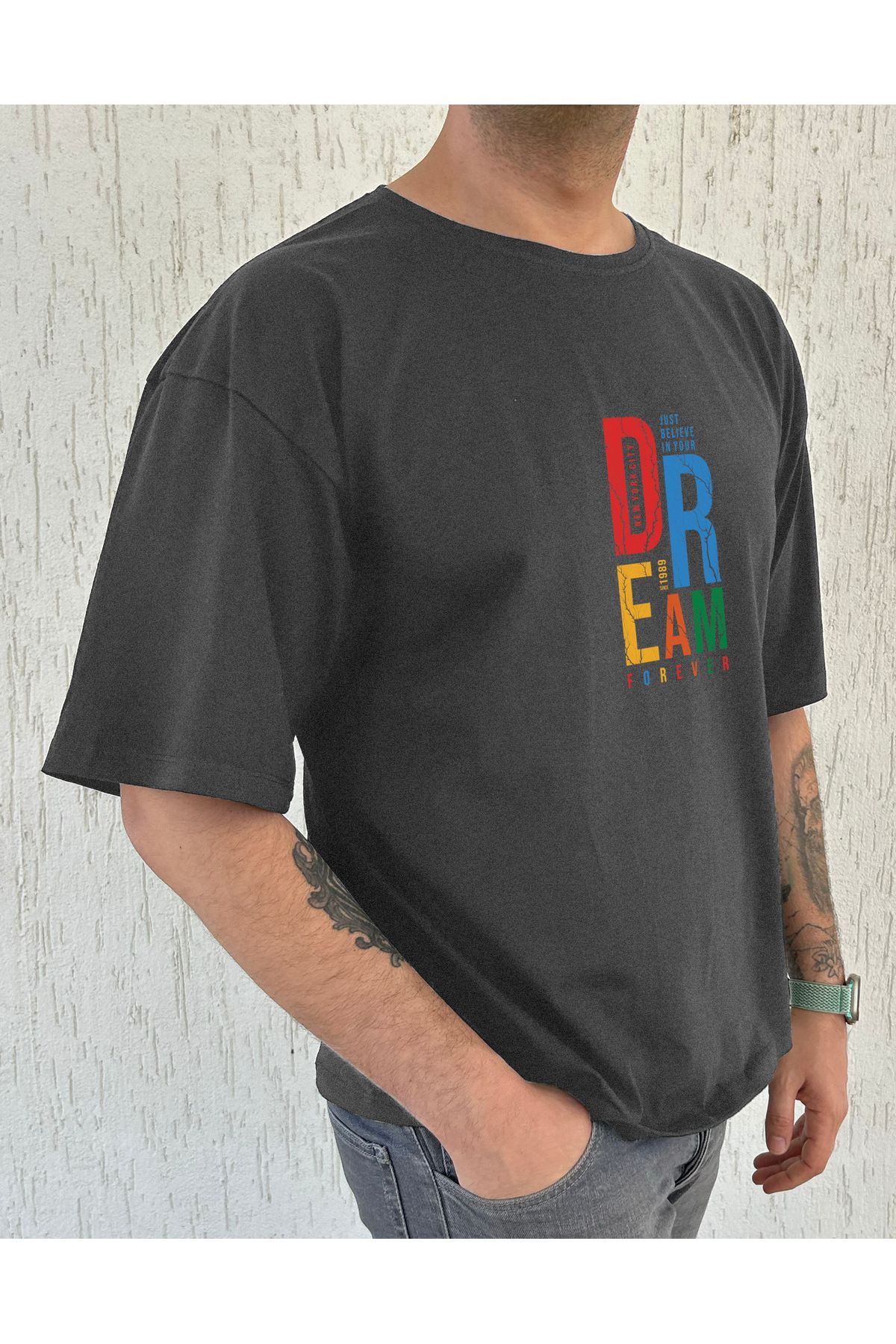 ClubSpaceAstro Dream Forever Baskılı %100 Pamuk Oversize Erkek Tişört – Salaş Kesim, Bisiklet Yaka