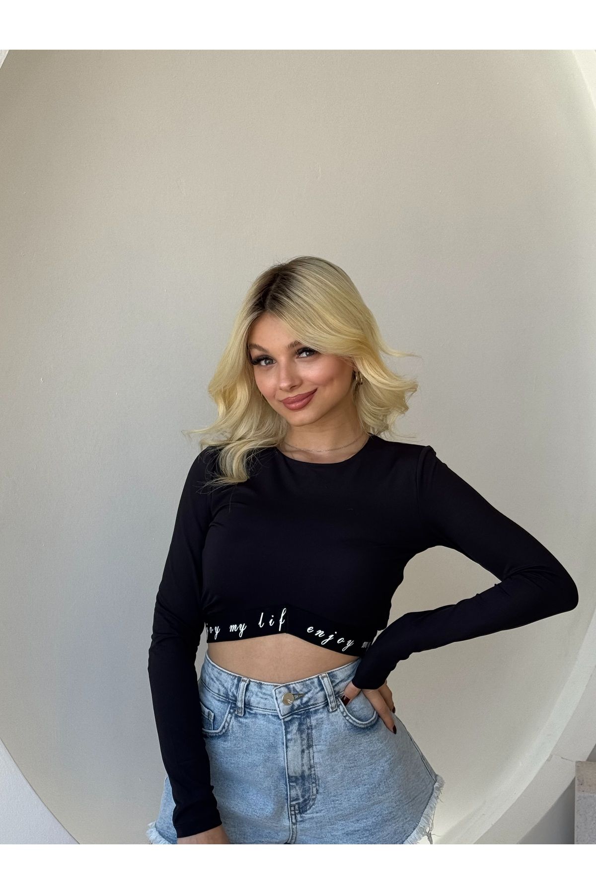 FEHUBLOOM Siyah Uzun Kol Crop