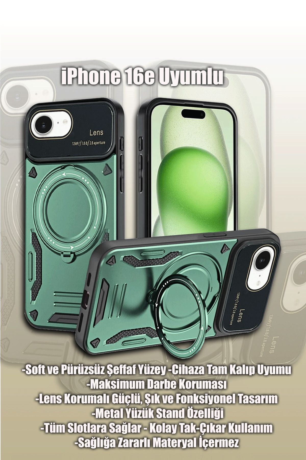 mobrika iPhone 16E Joy Lens Standlı Yüzüklü Silikon Telefon Kılıfı