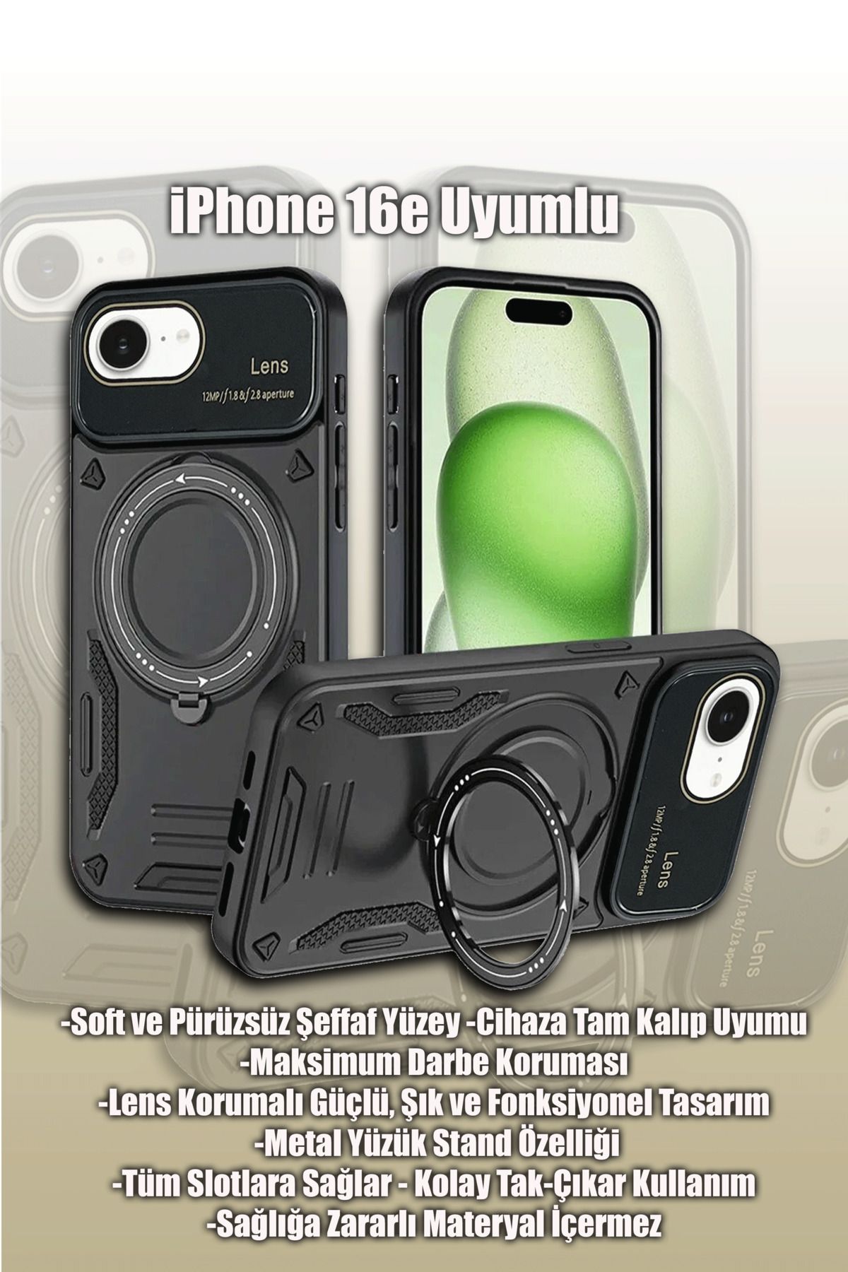 mobrika iPhone 16E Joy Lens Standlı Yüzüklü Silikon Telefon Kılıfı