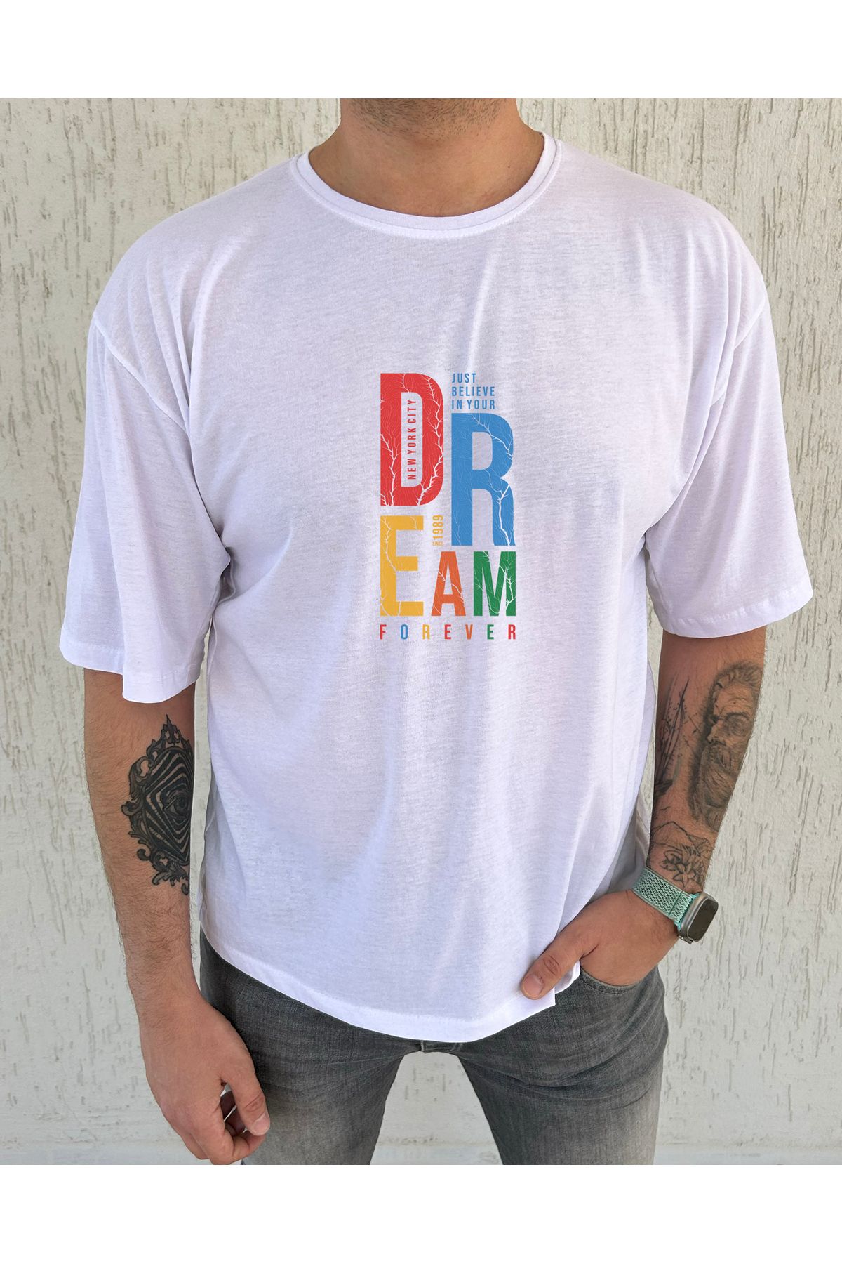 ClubSpaceAstro Dream Forever Baskılı %100 Pamuk Oversize Erkek Tişört – Salaş Kesim, Bisiklet Yaka