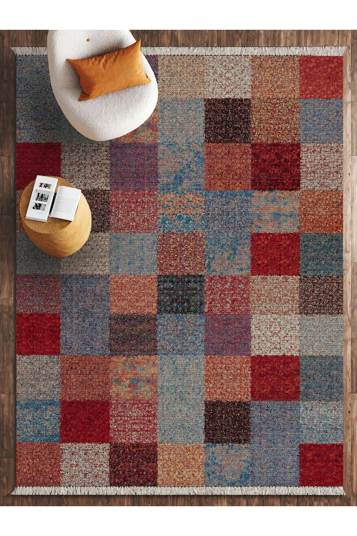 HALIZZON Klasik Gri Kırmızı Mavi Patchwork Halı Retro Görünümlü Renkli Blok Desen