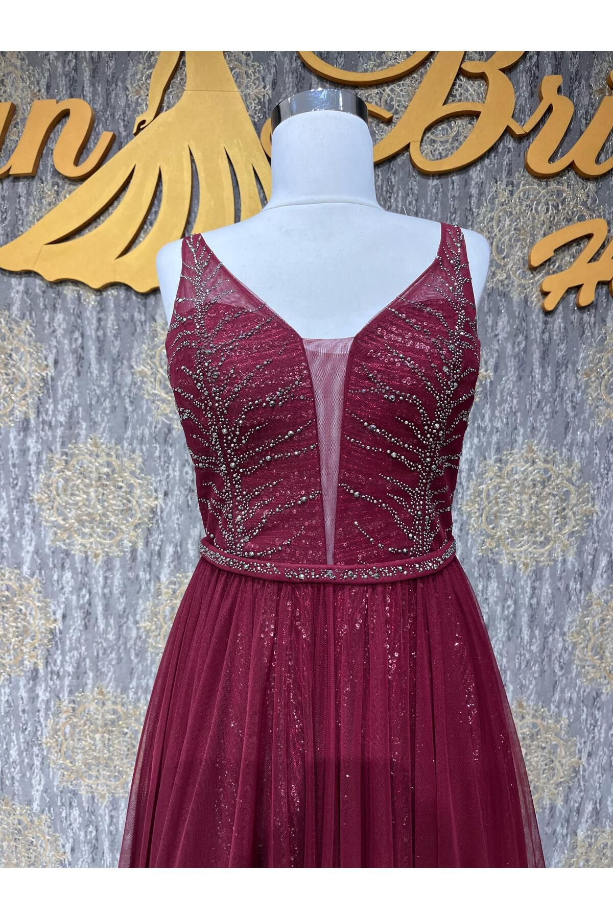 MODA Bordo Grı Taşlı Abiye Elbise