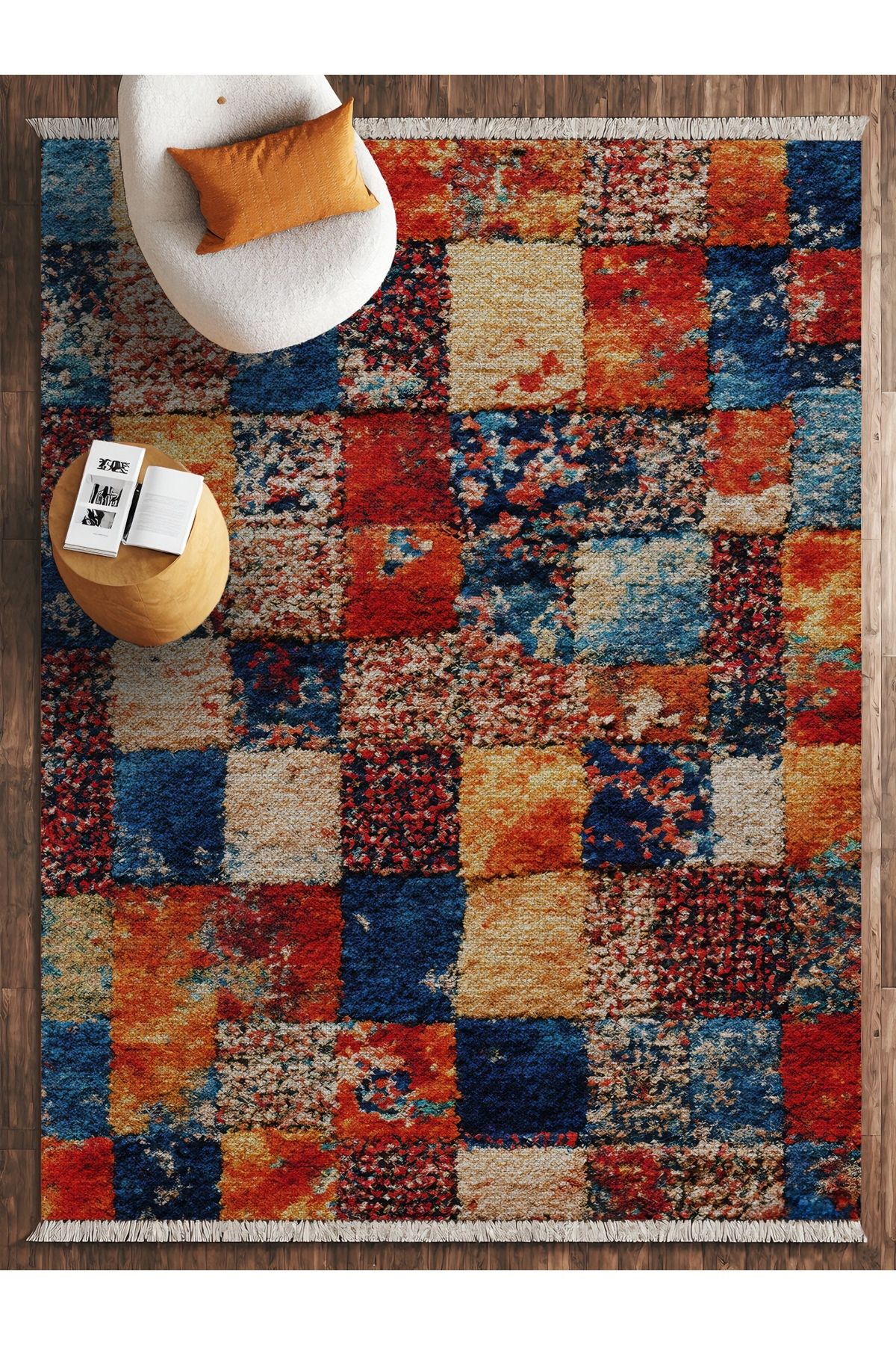 HALIZZON Canlı Renklerde Modern Patchwork Halı Kırmızı Mavi Turuncu Blok Desenli