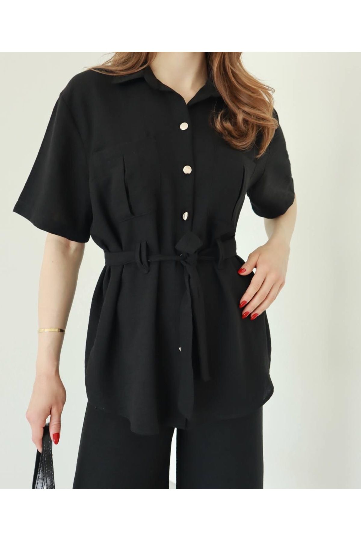 Ekim Store Kuşaklı Bağlamalı Gömlek Pantolon Takım