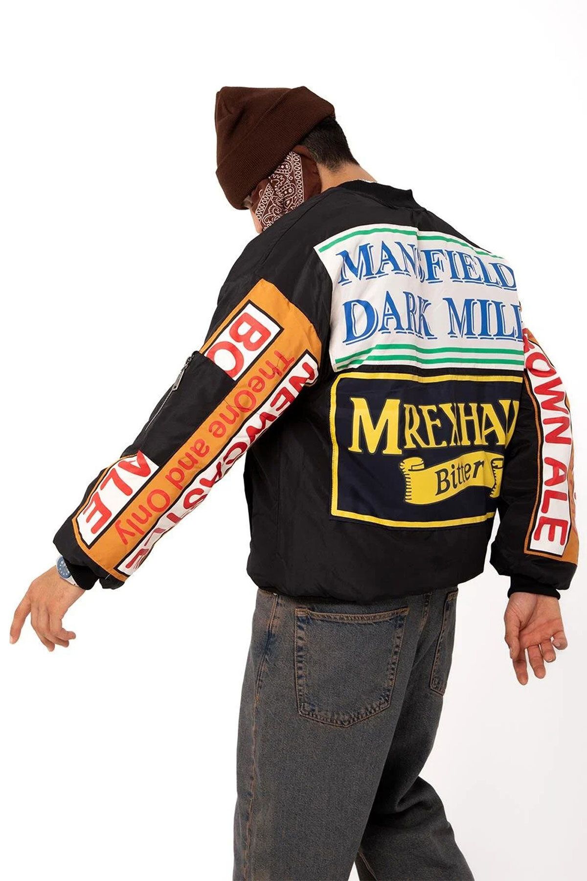 MEYASU Unisex Siyah Oversize Çift Cepli Vintage Desenli Bomber Ceket Kolej Ceket