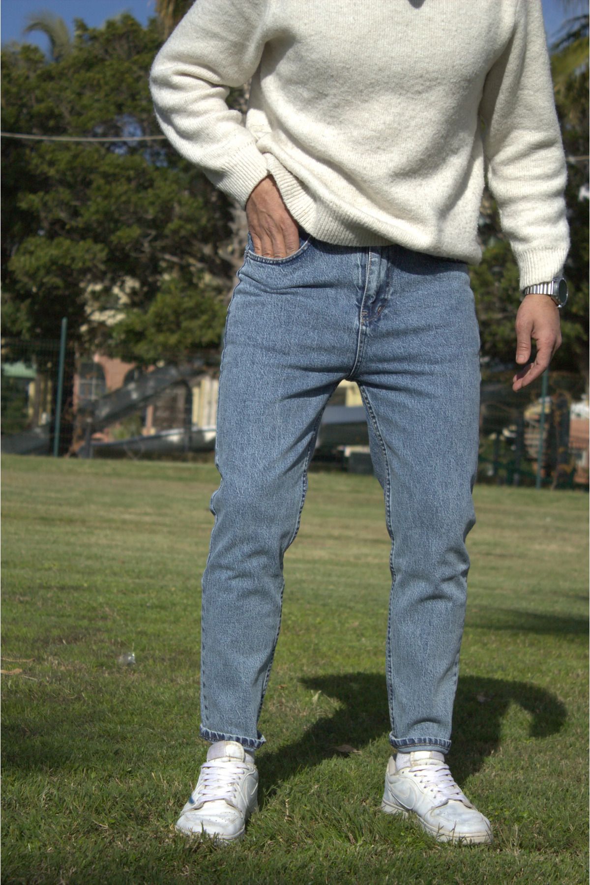 DORAJEANS Yıkamalı Kar Mavi Boyfriend Pantolon