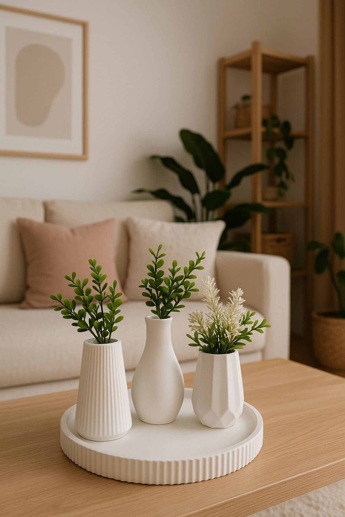 Ecomuse Home Bohem 3’lü Mini Vazo Seti & Yuvarlak Sunum Tepsisi – İskandinav Stil | 2025 Trend