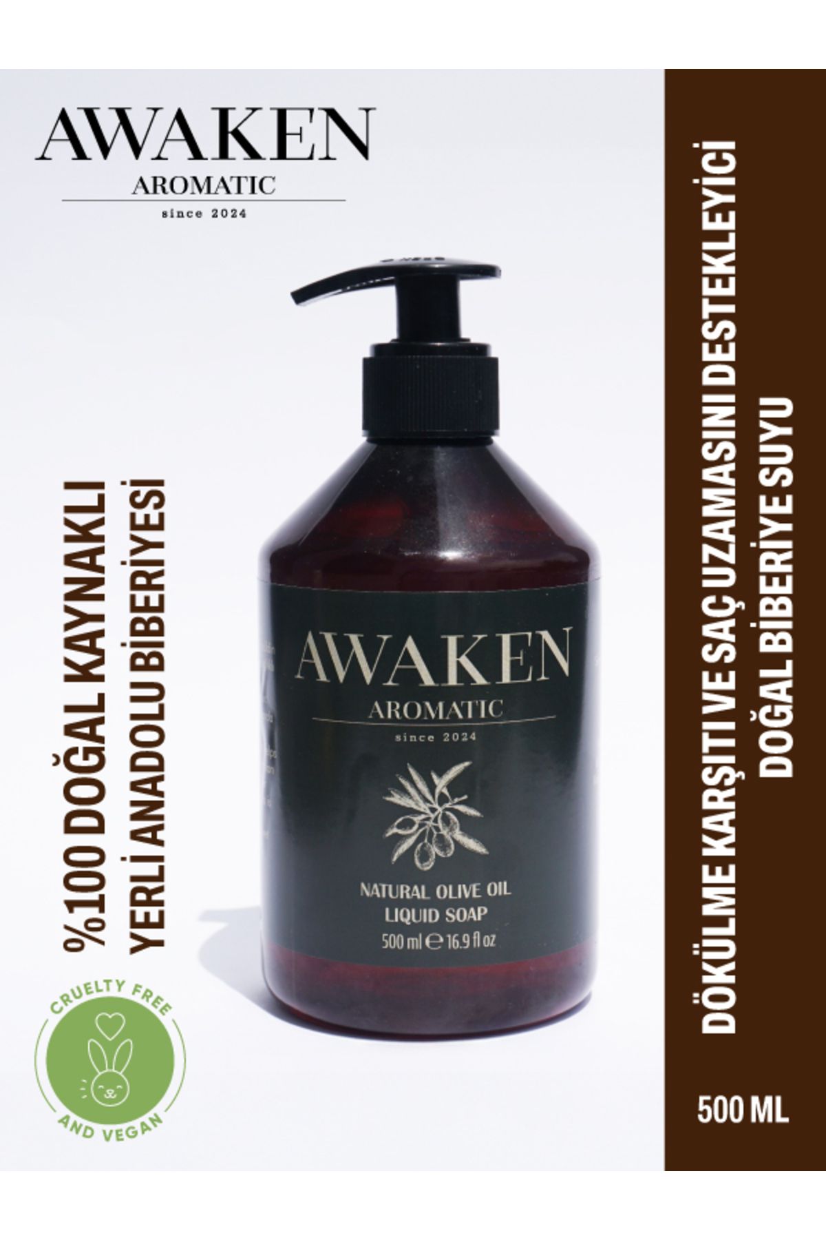 AWAKEN AROMATIC since 2024 Organik Vegan Zeytinyağlı Sıvı Kastil Sabun (Tüm Cilt Tipleri), 500 ML