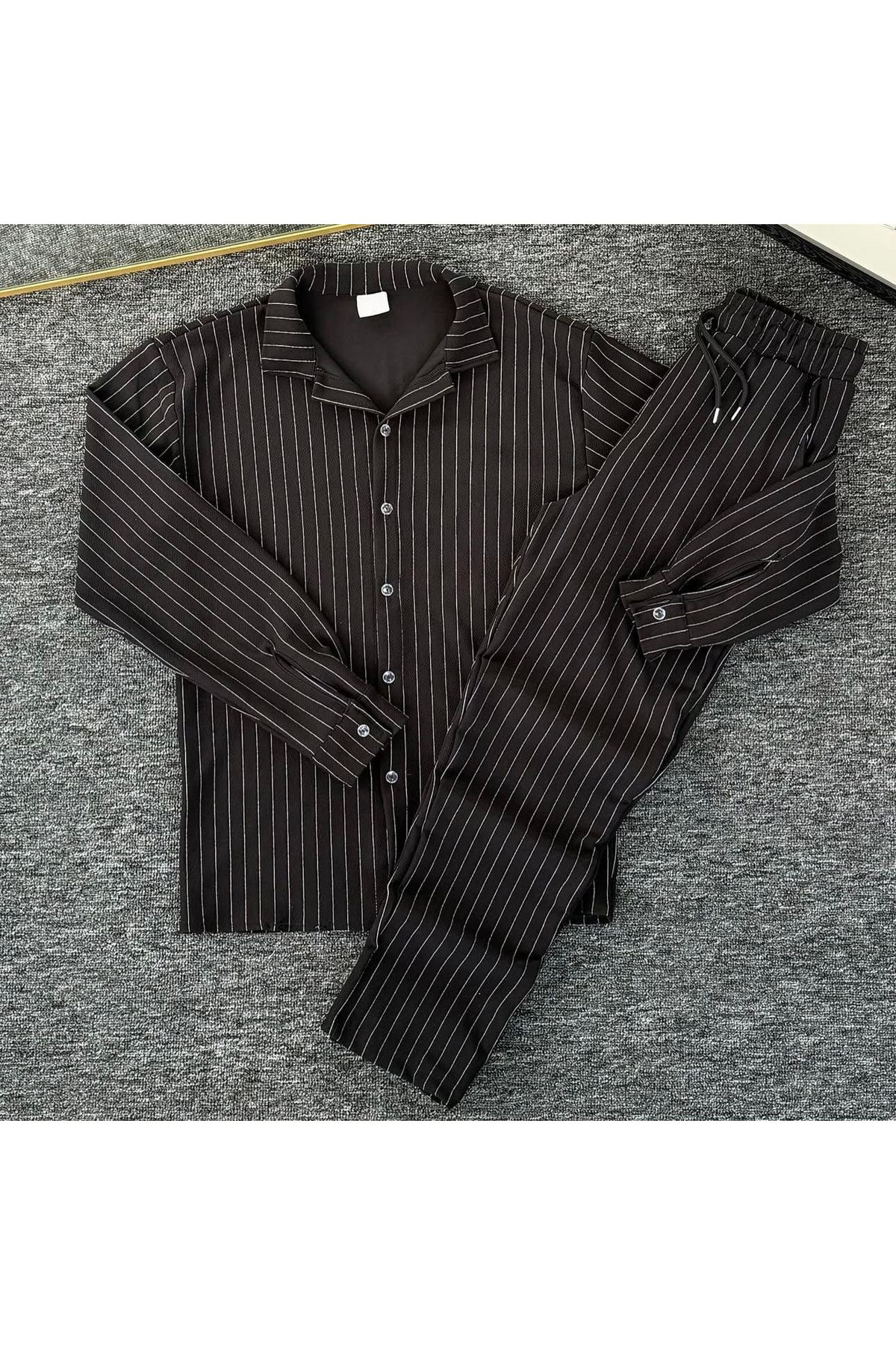 NewCabin Premium Krep Kumaş Çizgi Detaylı Unisex Gömlek ve Pantolon Takım