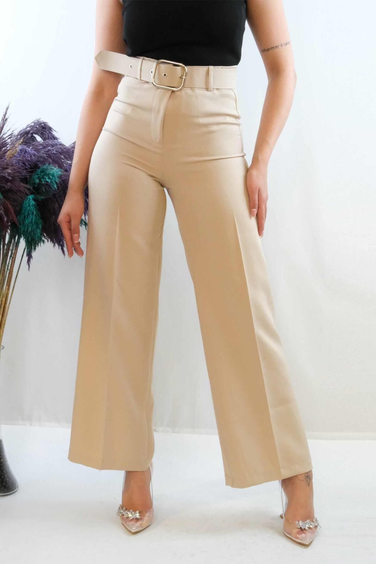 PuShe Moda Çizgi Kemerli Pantolon Taş