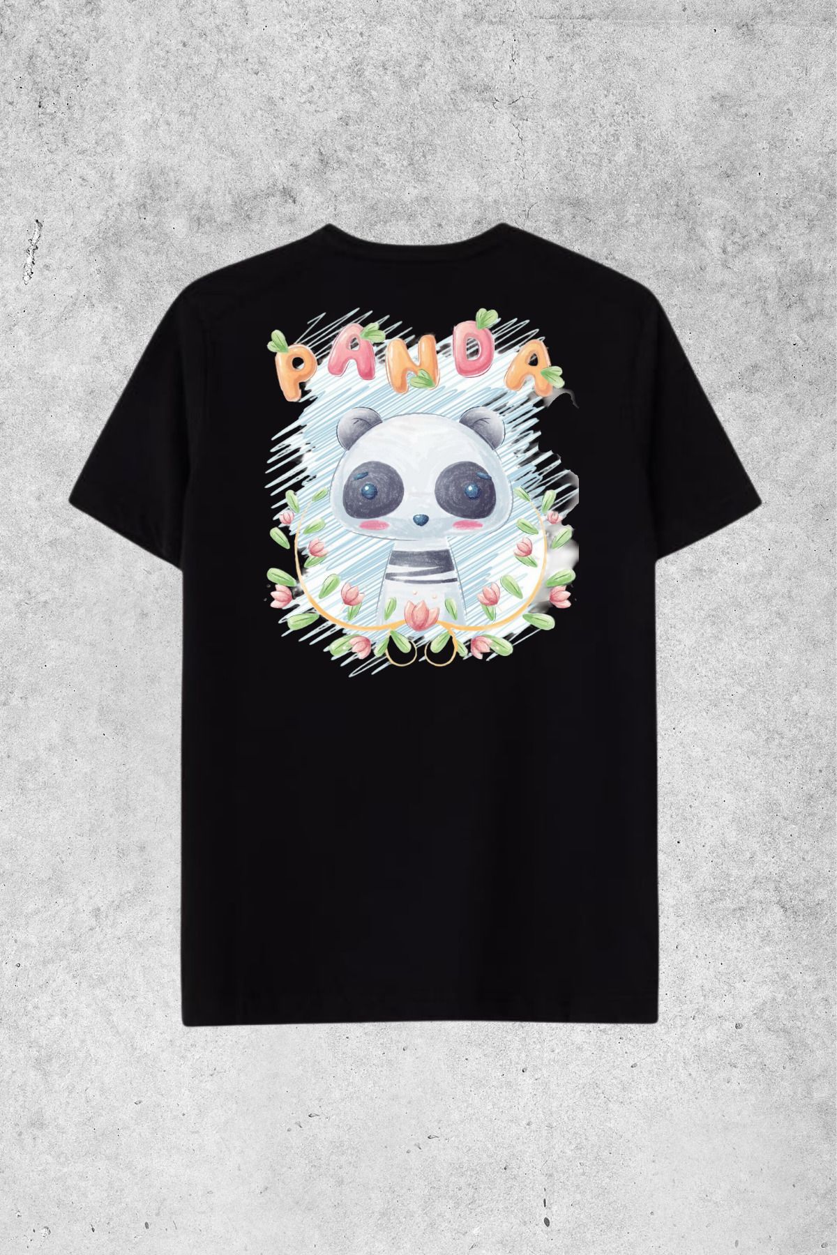 MOLICO Basic unisex sıfır yaka kısa kollu PANDA DESENLİ SIRT BASKILI OVERSİZE Tshirt