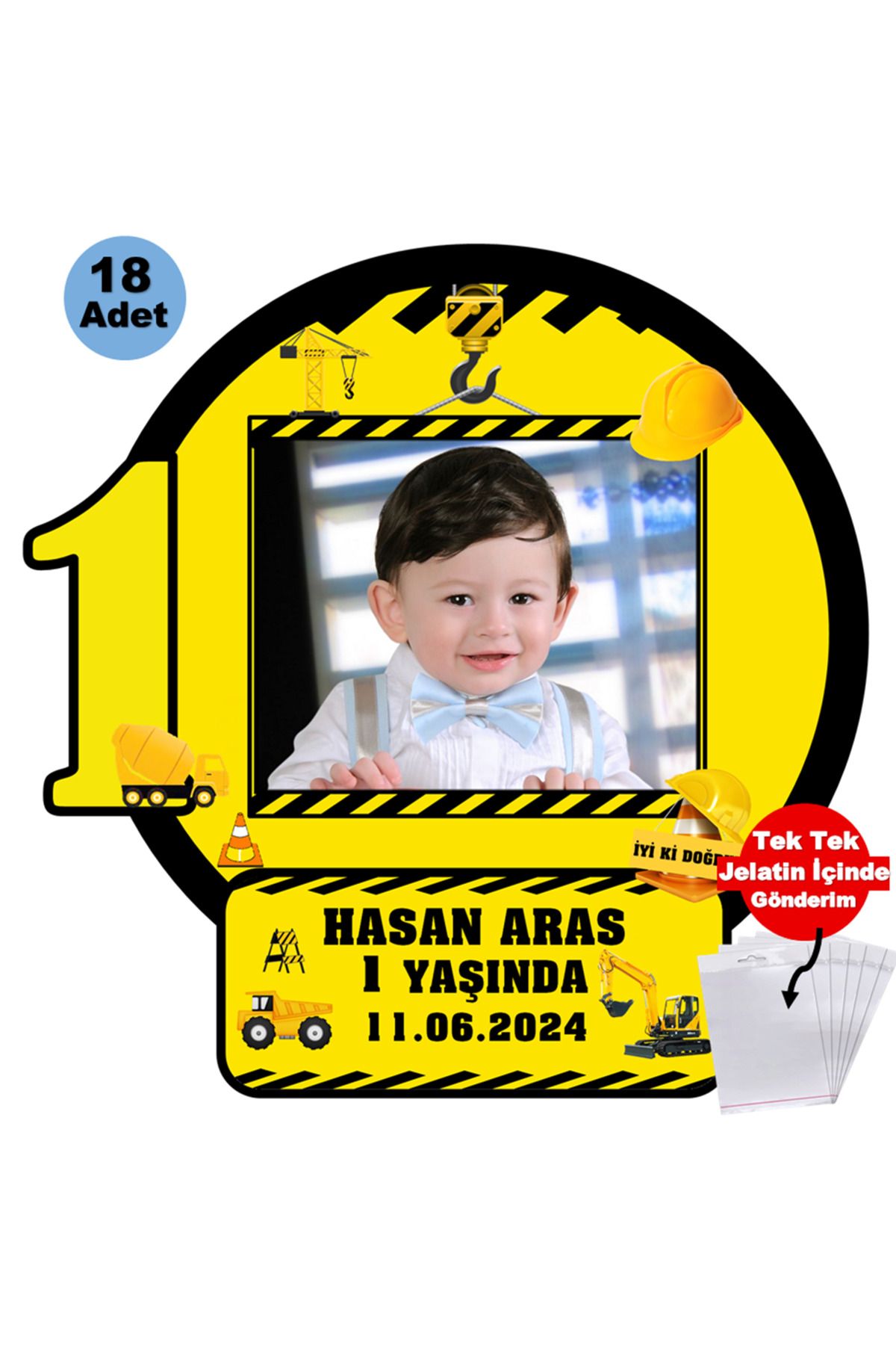 Elara Tasarım İnşaat Temalı 1 Yaş 18 Adet Fotoğraflı Kişiye özel Doğum Günü Magnet Hediye Poşetli Gönderilir.