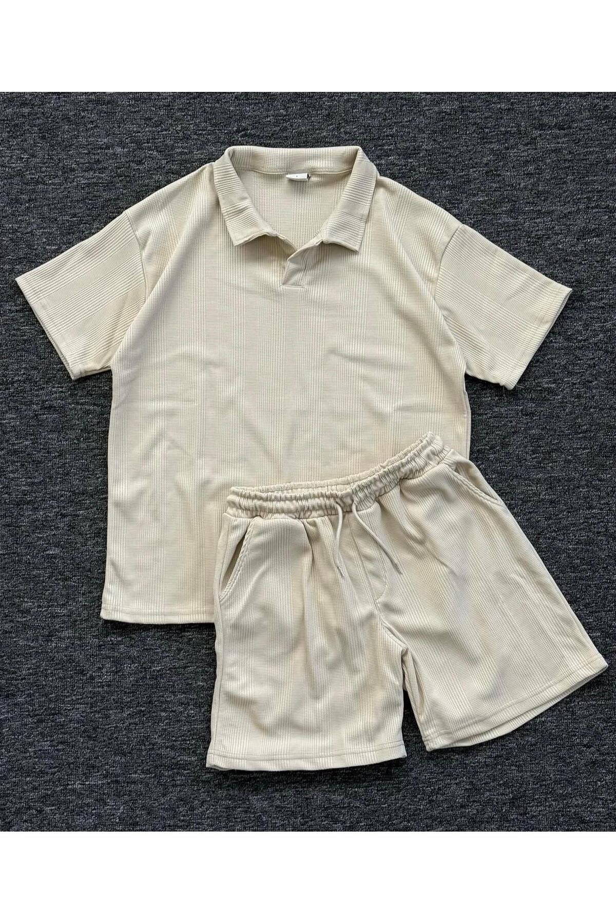 NewCabin Premium Pamuklu Petek Kumaş Kendinden Desenli Unisex Polo Yaka T-Shirt ve Şort Takım